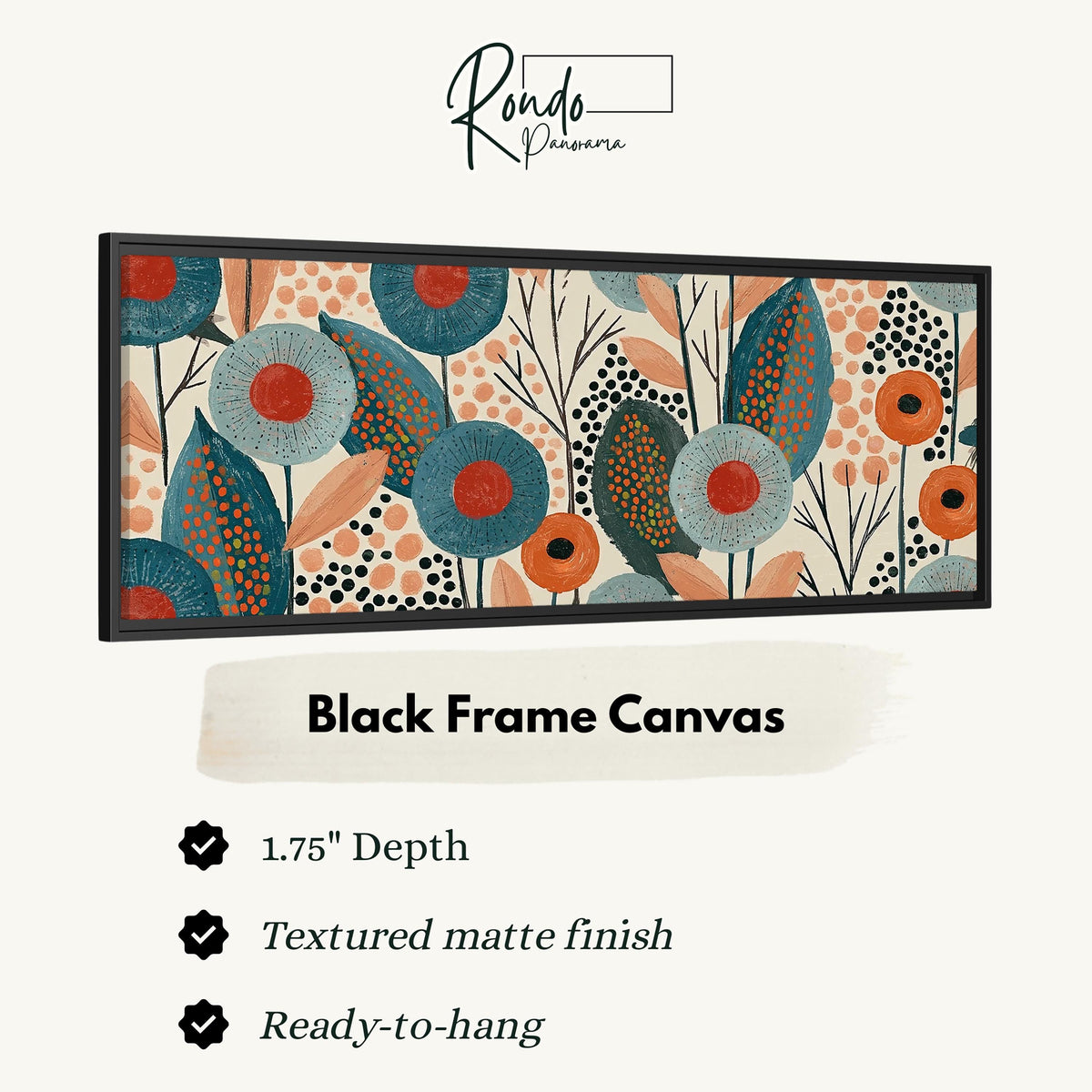 Teal poppies and speckled leaves canvas print in a black floating frame