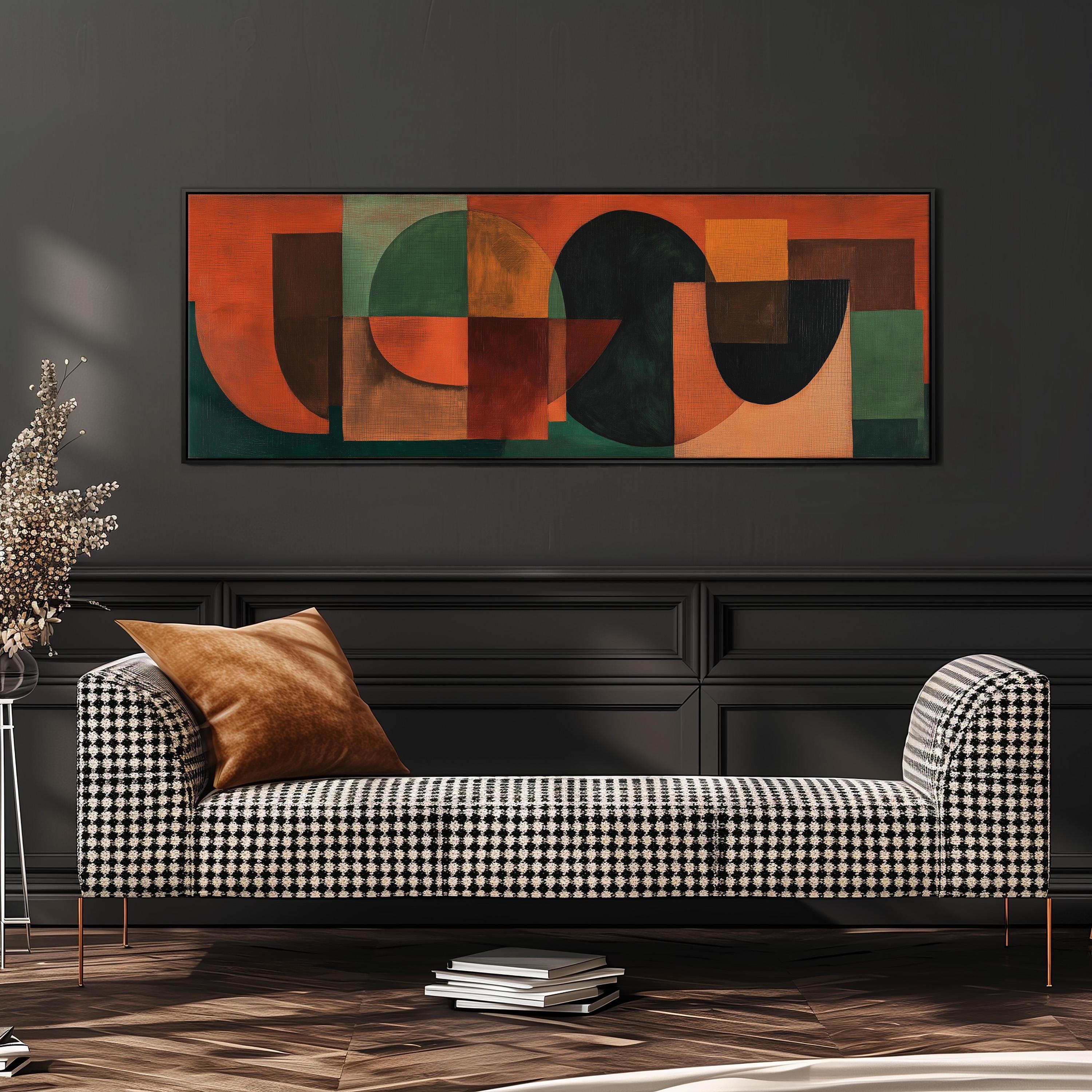a modern living room with a black and white checkered sofa, a large abstract painting on the wall, and a stack of books on the floor.