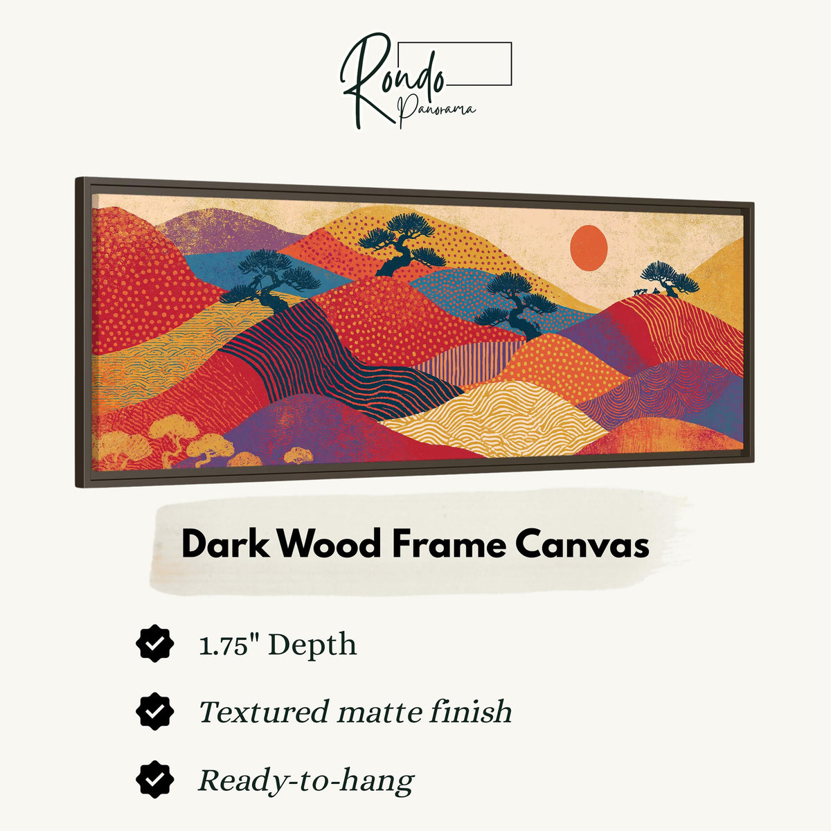 Bonsai trees on patterned hills with a red sun canvas print in a dark wood floating frame