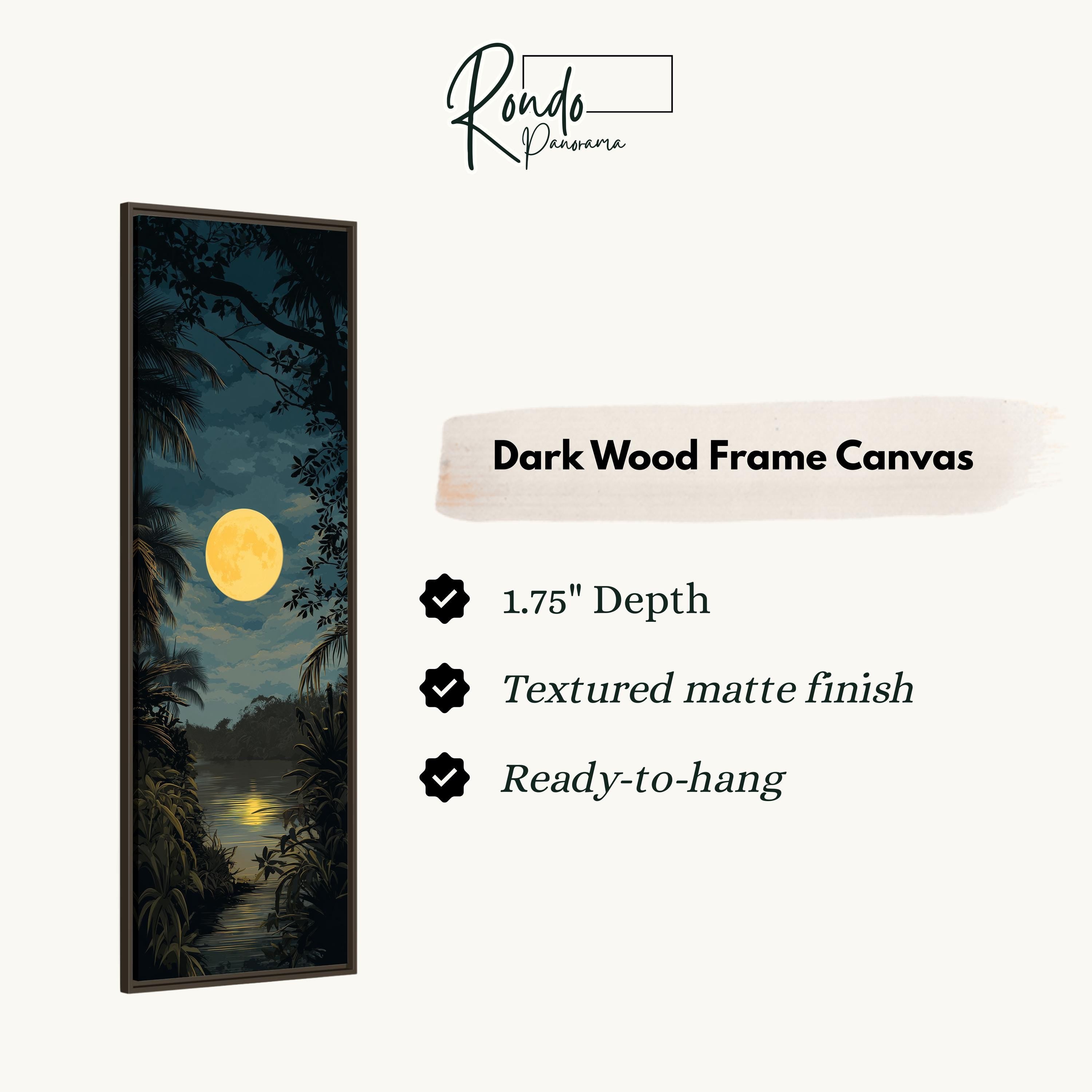 The image is a dark wood frame canvas depicting a nighttime scene with a full moon and palm trees.