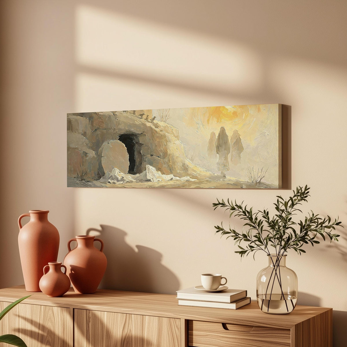 The empty tomb at sunrise long horizontal canvas print above a wooden sideboard