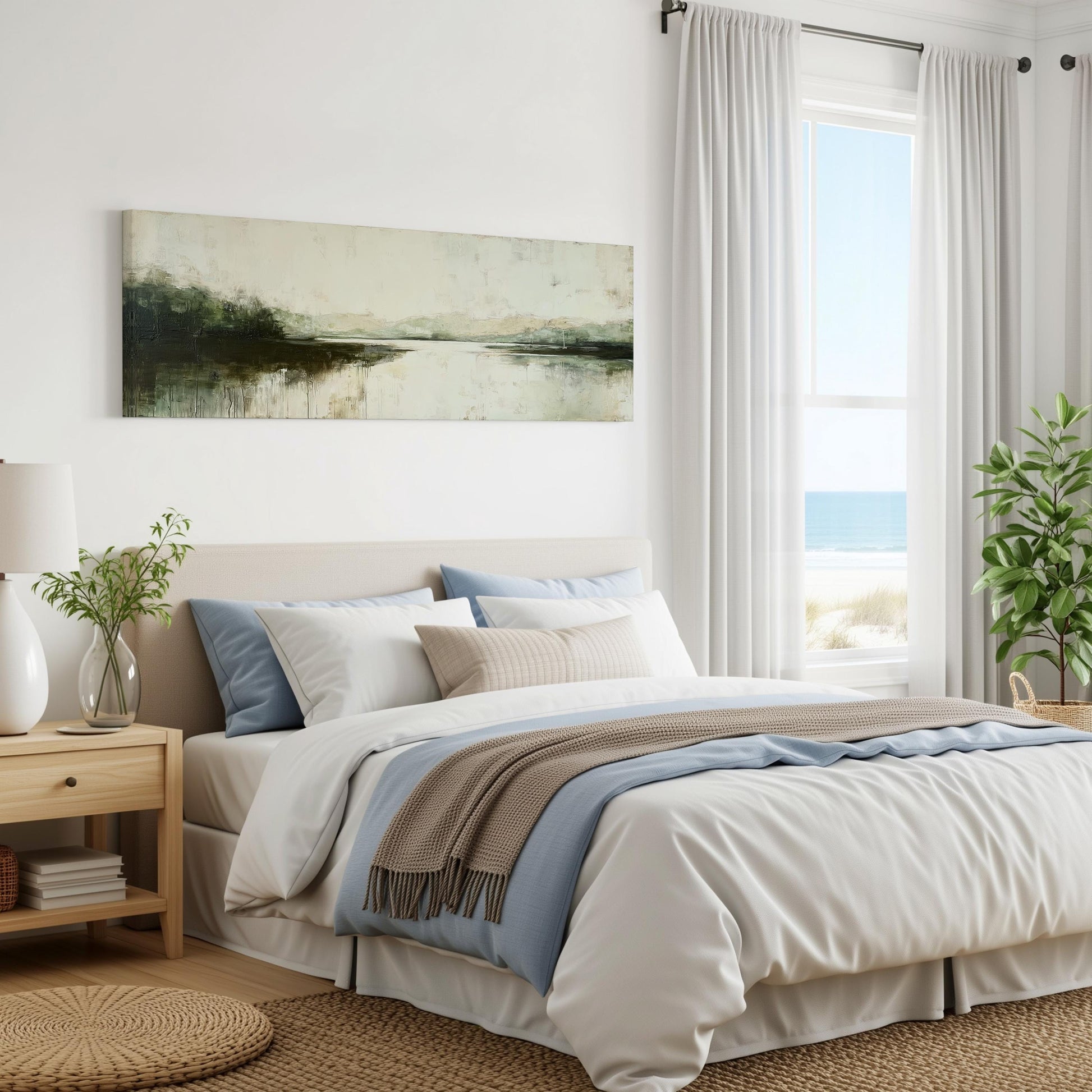 a serene bedroom with a large bed, a painting of a landscape on the wall, and a window overlooking the ocean.