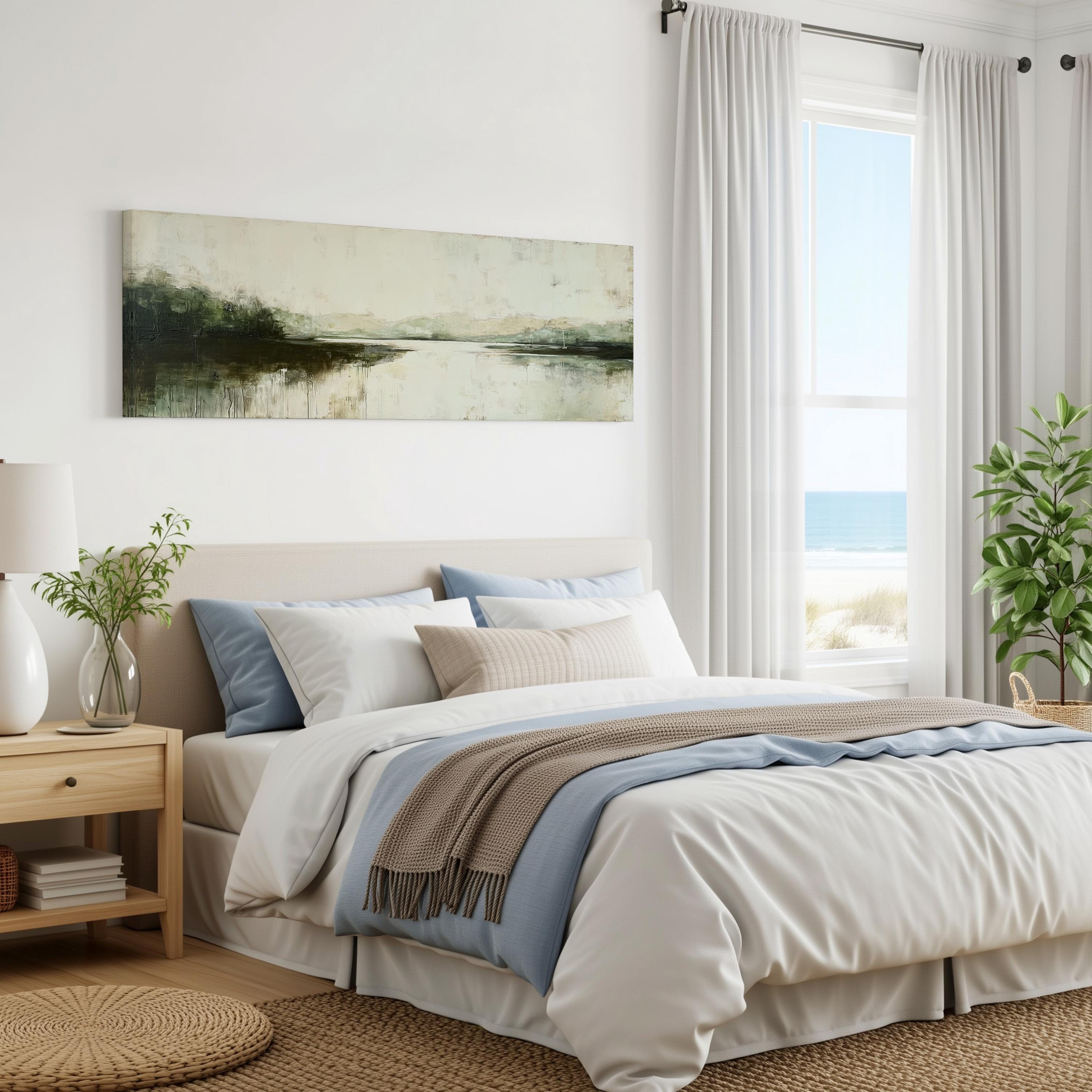 a serene bedroom with a large bed, a painting of a landscape on the wall, and a window overlooking the ocean.