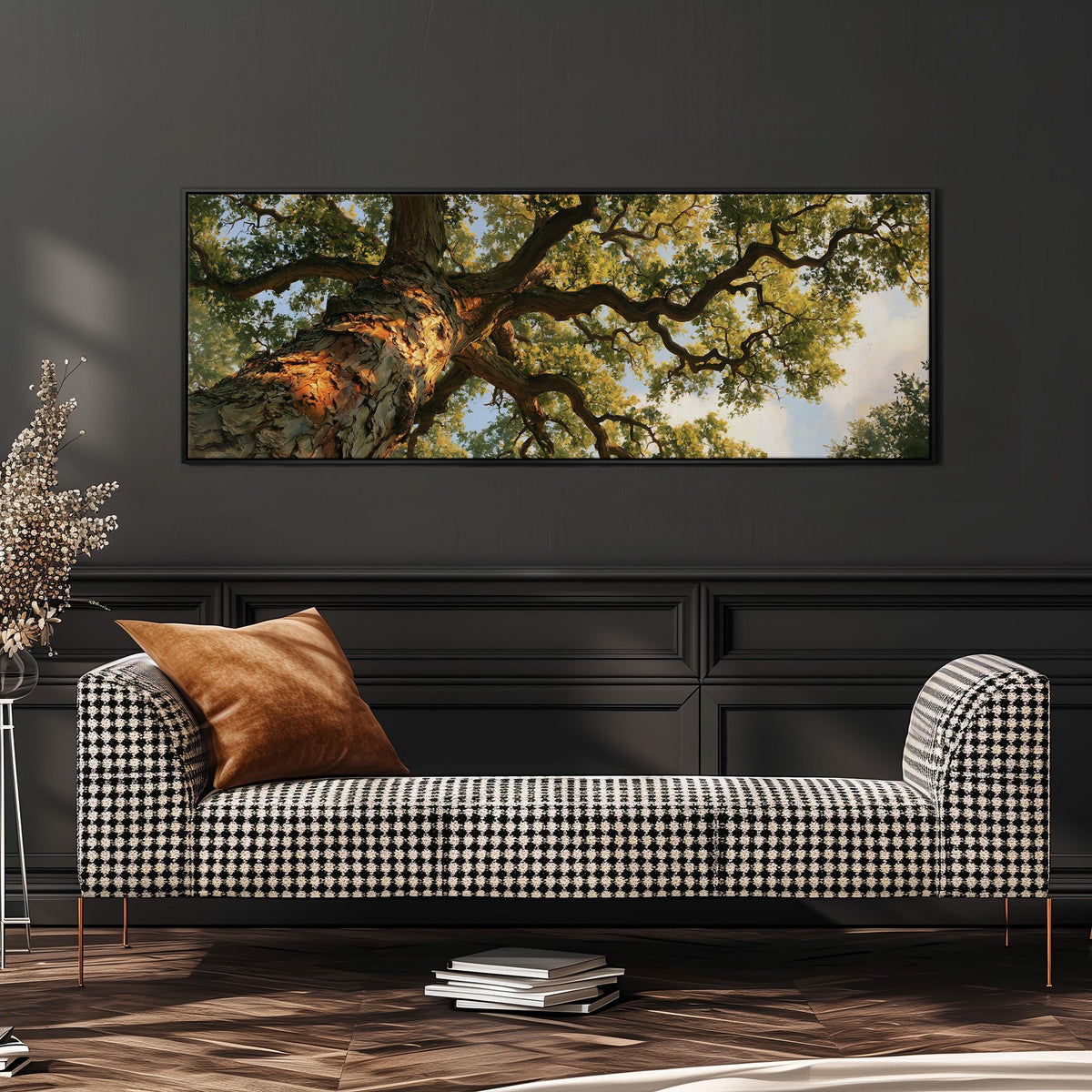 Twisting oak branch from below long horizontal canvas print displayed on a wall