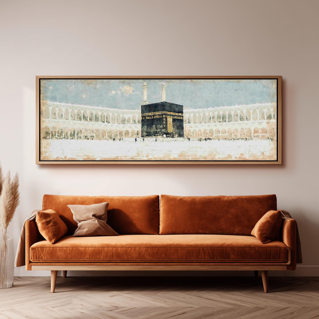 The Kaaba in the Grand Mosque courtyard long horizontal canvas print above a sofa in a living room