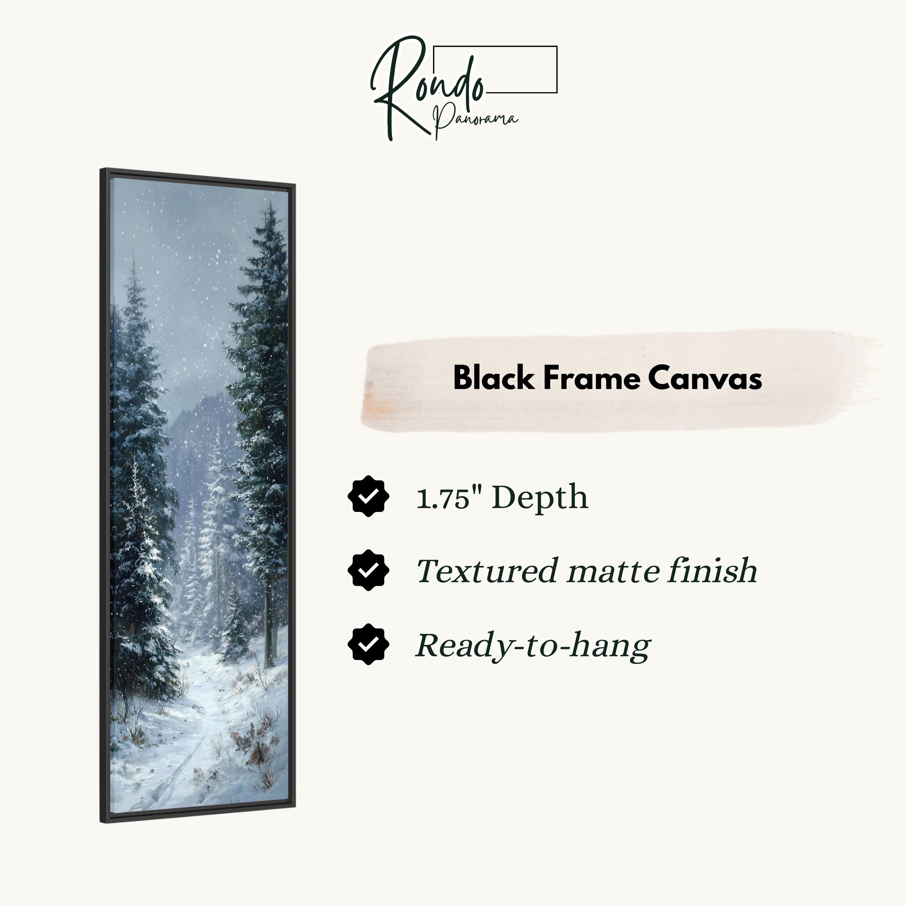 The image is a black frame canvas depicting a snowy forest scene with tall trees covered in snow.