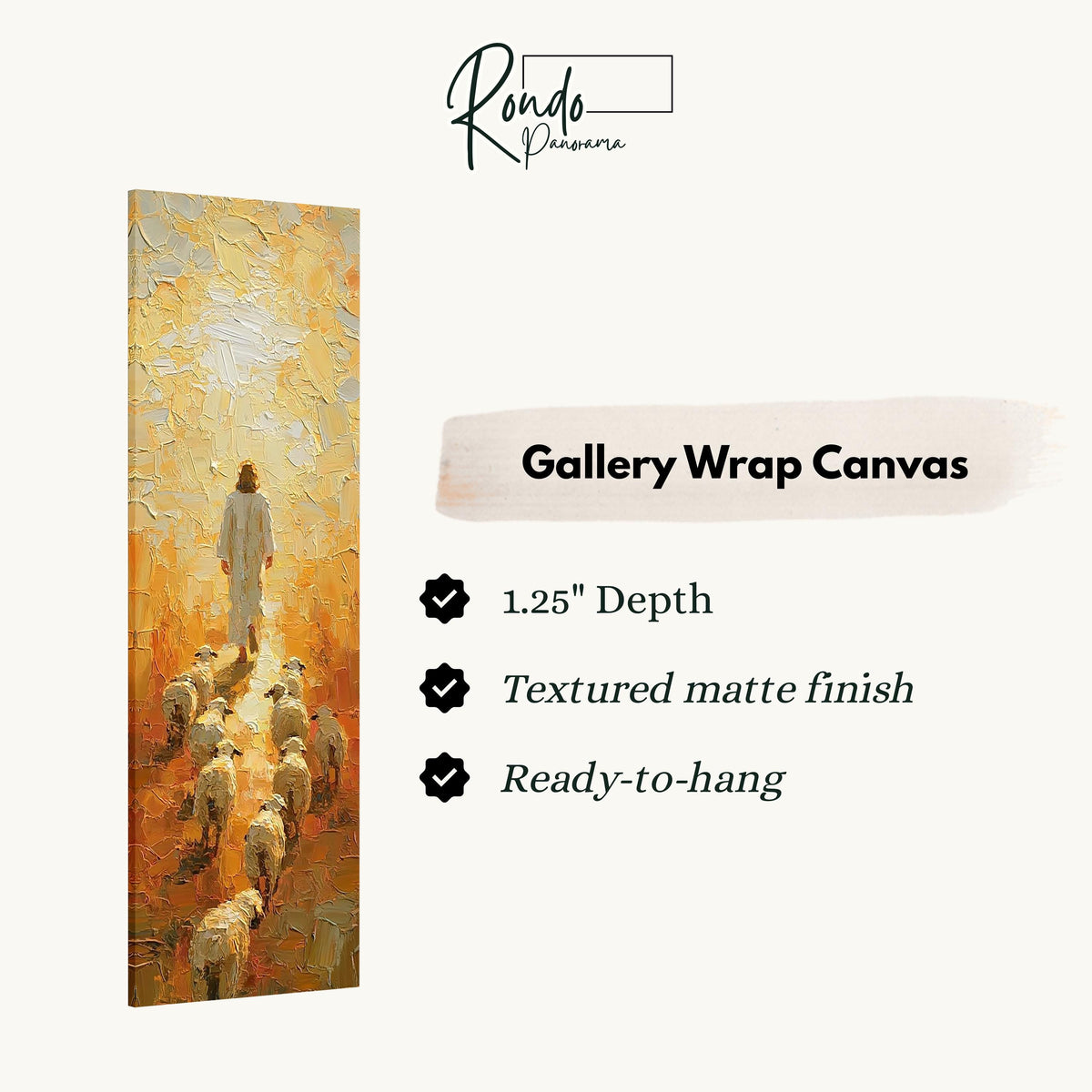 Jesus walking with his flock in golden light gallery wrap canvas with the image wrapped around the edges