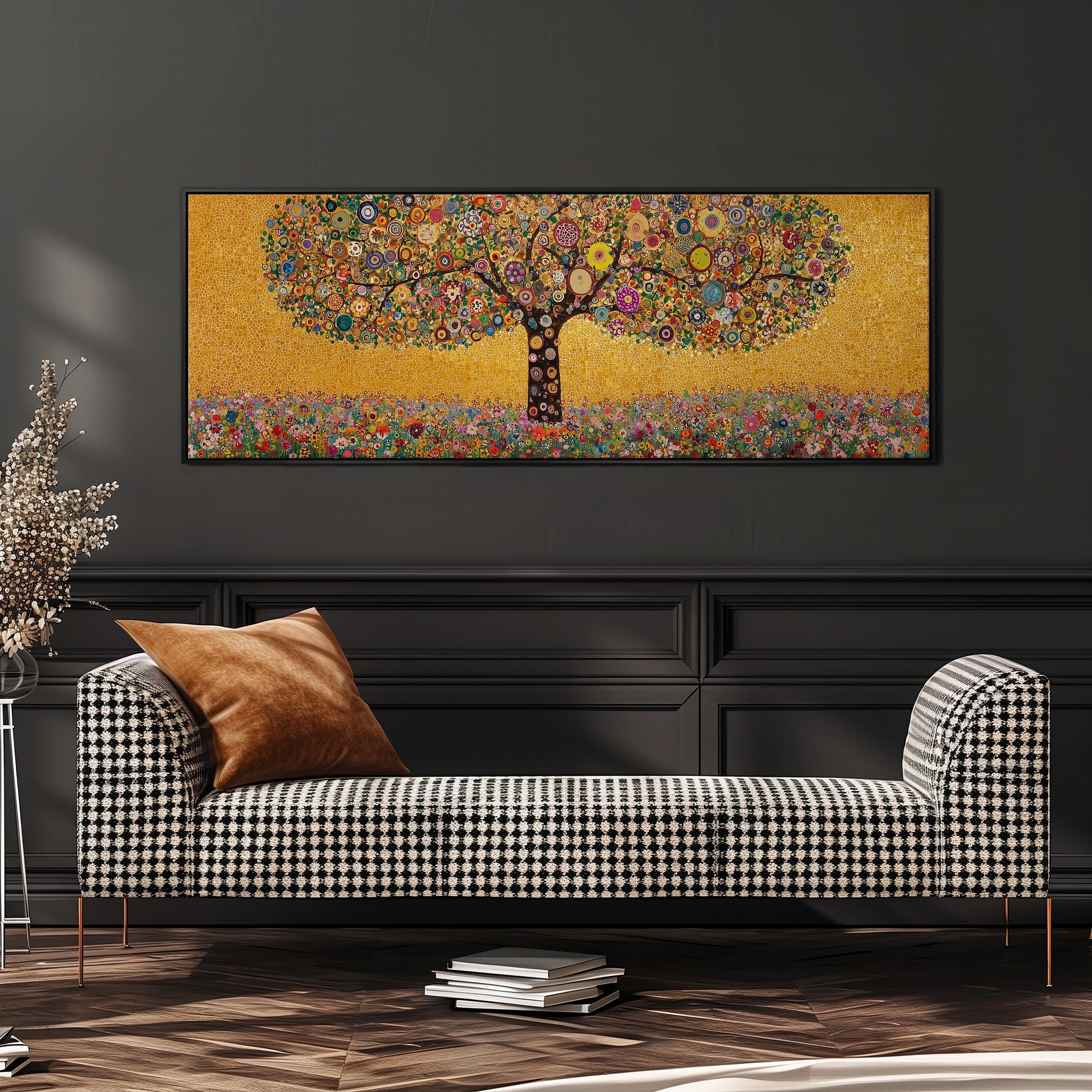 a large, colorful painting of a tree with a golden background, hanging on a wall above a black and white checkered sofa.
