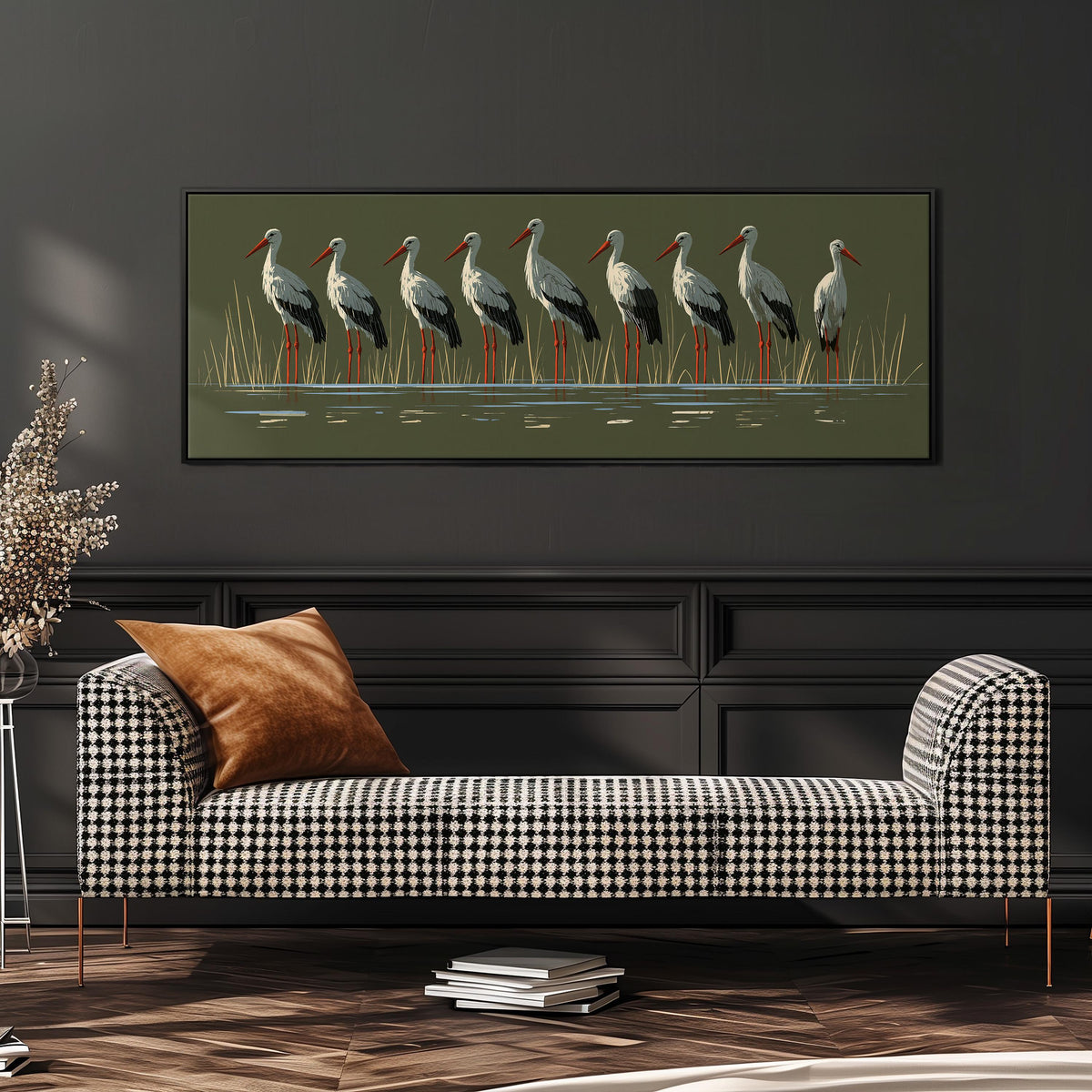 Flock of storks on olive green wide panoramic canvas print above a bench in a dark living room