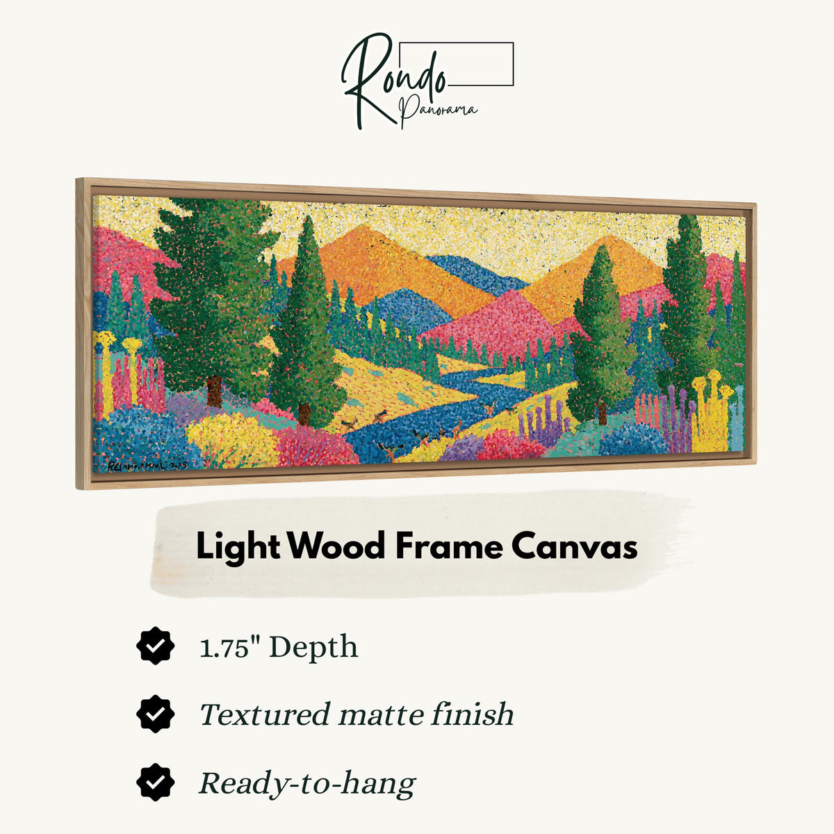 Colorful pine mountain valley canvas print in a light wood floating frame
