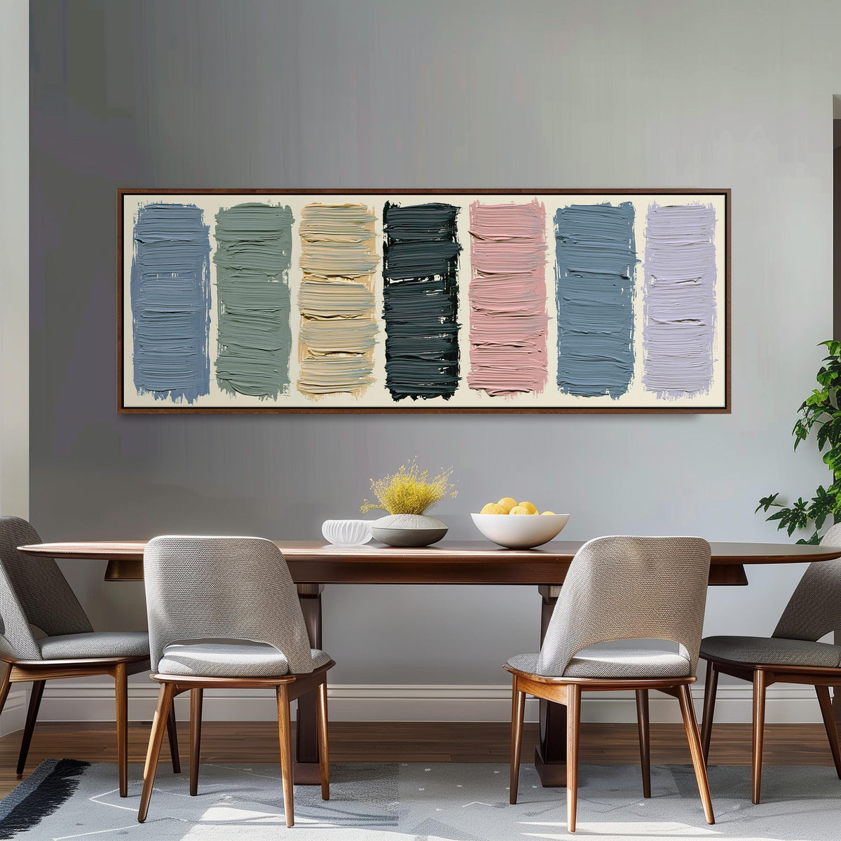Pastel brushstroke color swatches long horizontal canvas print above a dining table