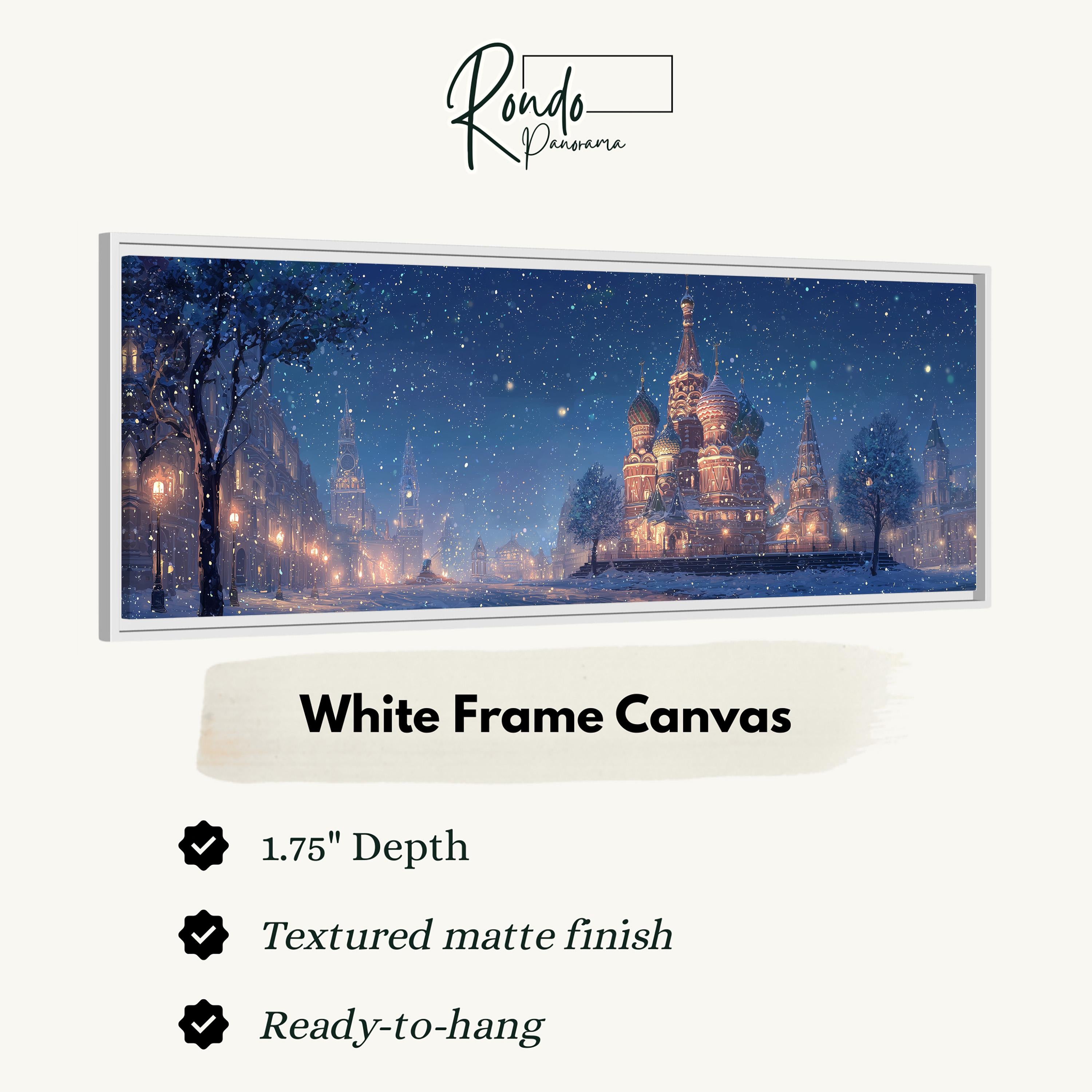 The image is a white frame canvas depicting a snowy cityscape at night with illuminated buildings and trees.