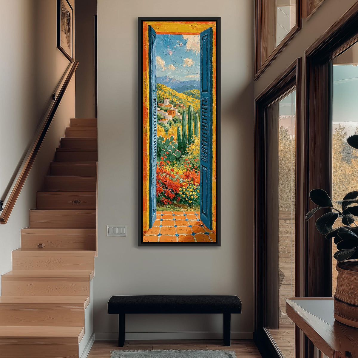 Open blue door onto a Mediterranean valley tall narrow canvas print beside a staircase in an entryway