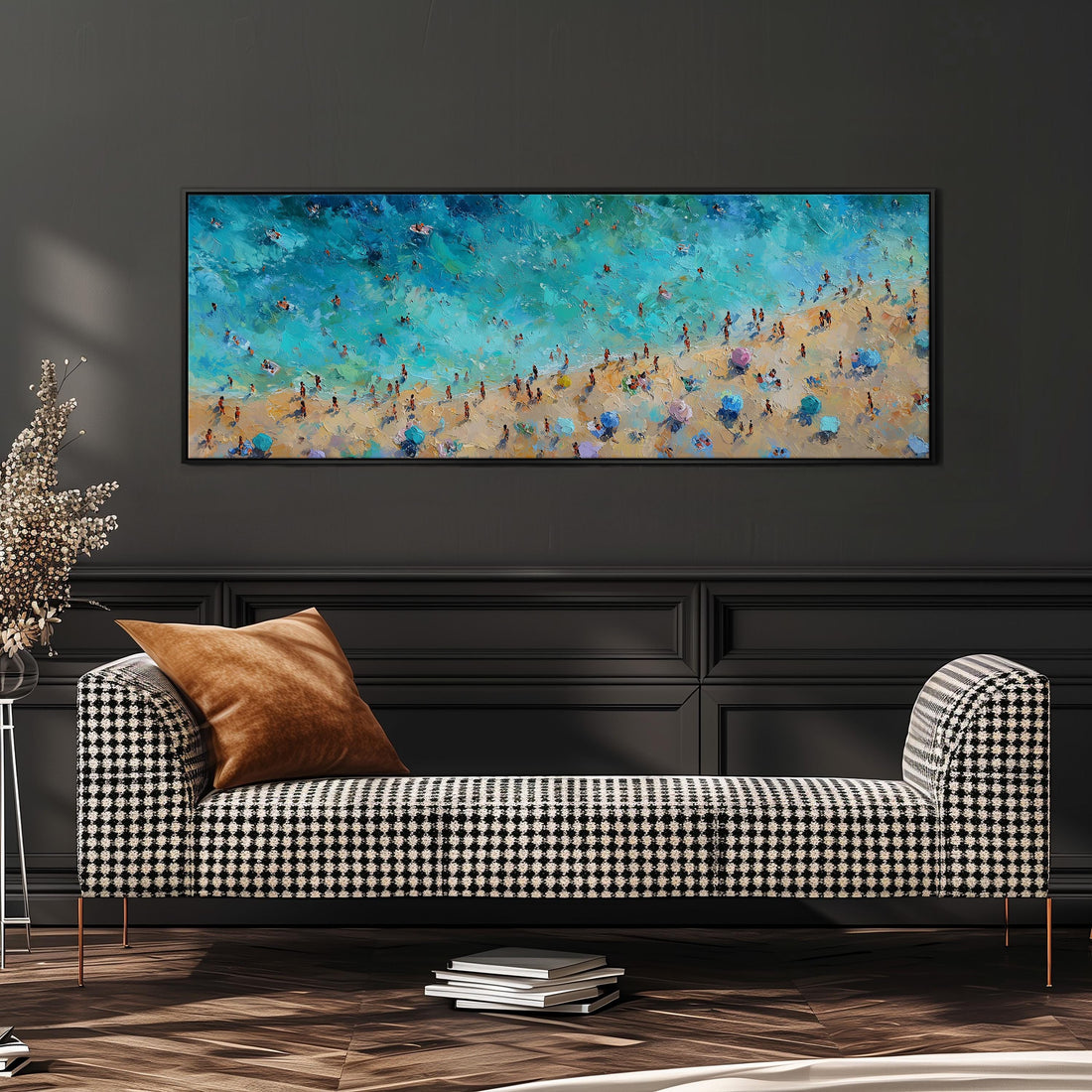a large, vibrant painting of a beach scene hanging on a wall above a brown sofa.