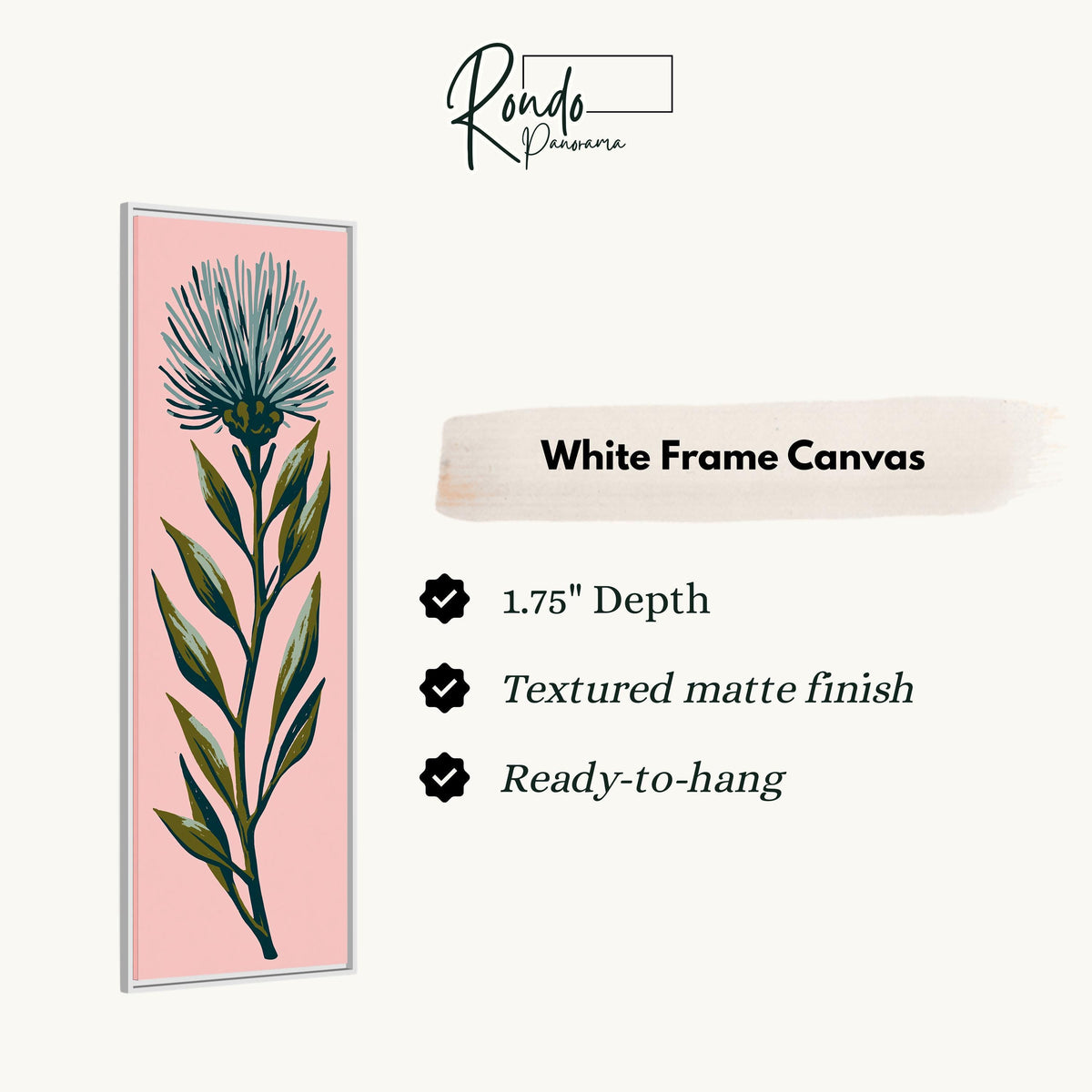 Blue thistle flower on blush pink canvas print in a white floating frame