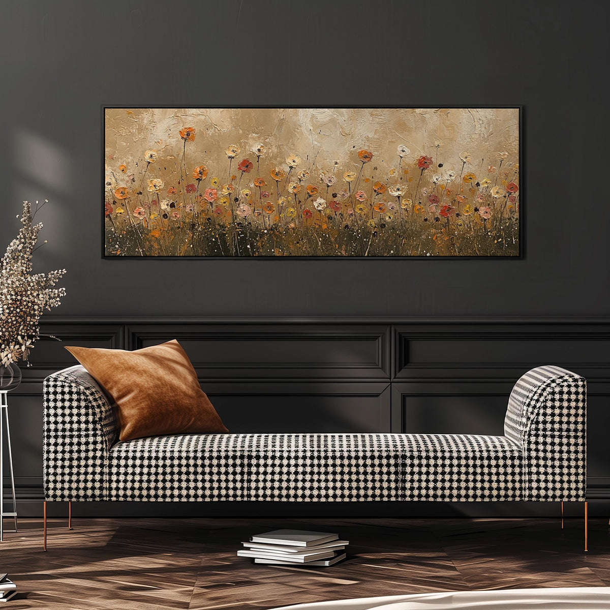 Golden wildflower field long horizontal canvas print above a dining table