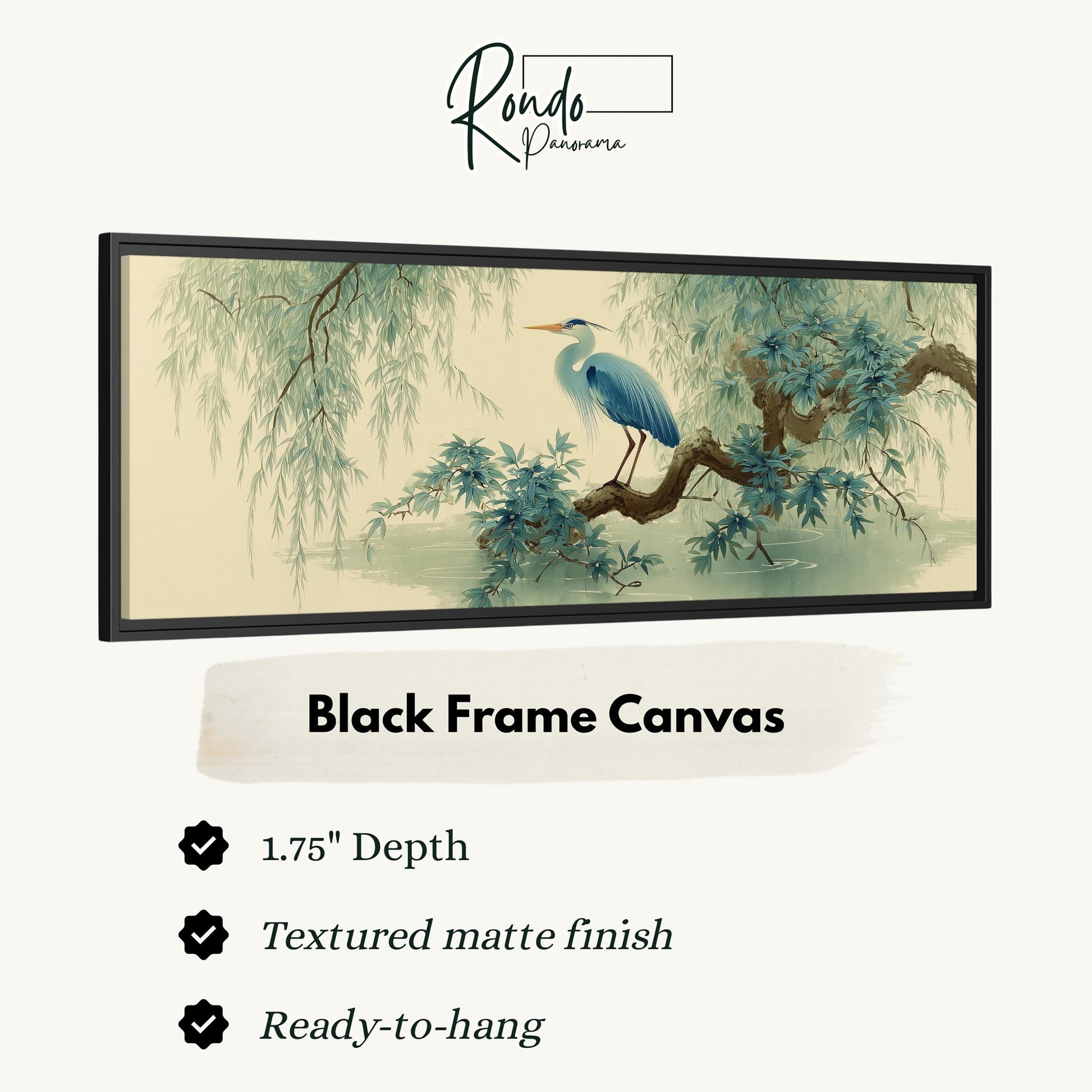 The image is a black frame canvas depicting a blue heron sitting on a branch with green leaves.