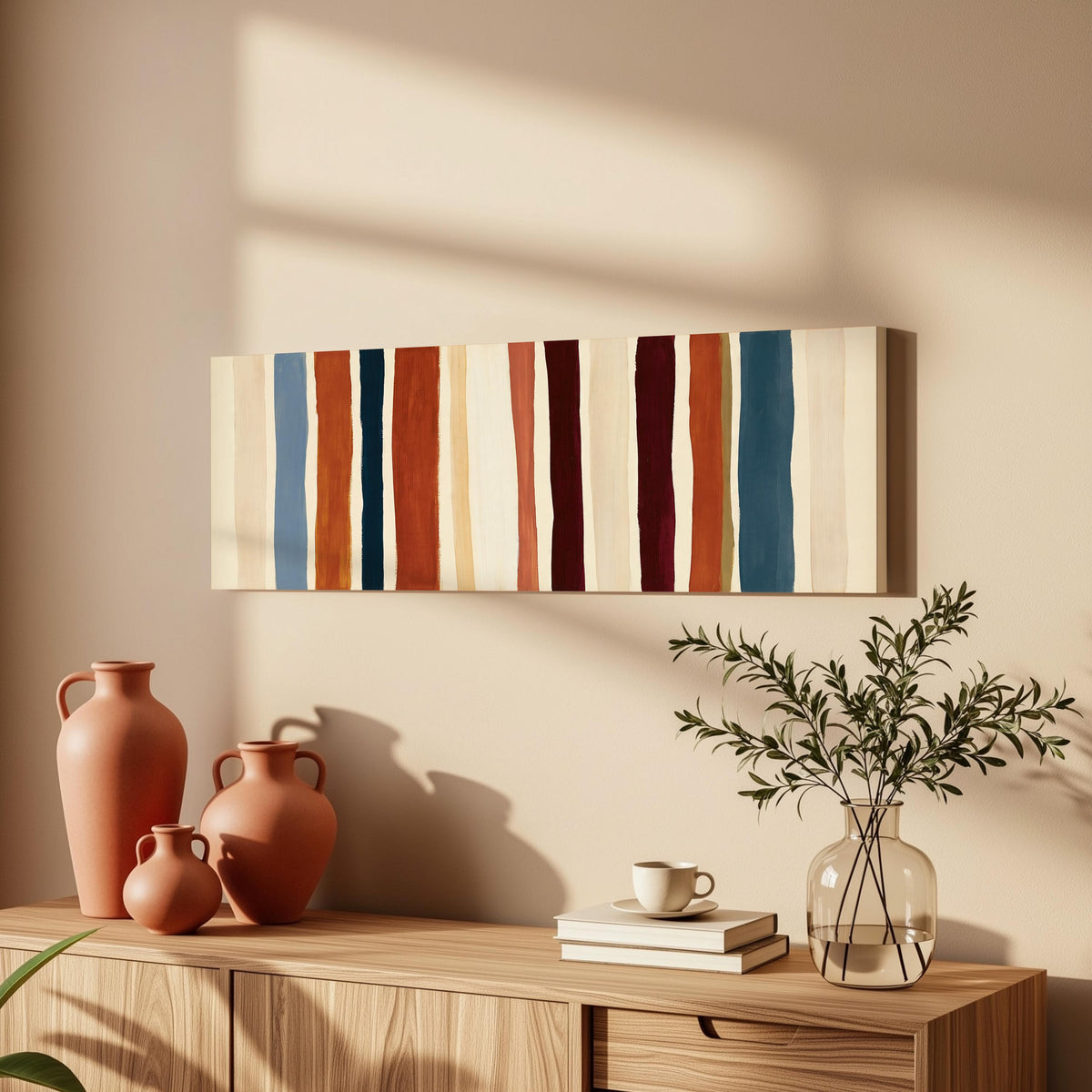 Rust, navy and maroon stripes long horizontal canvas print above a wooden sideboard