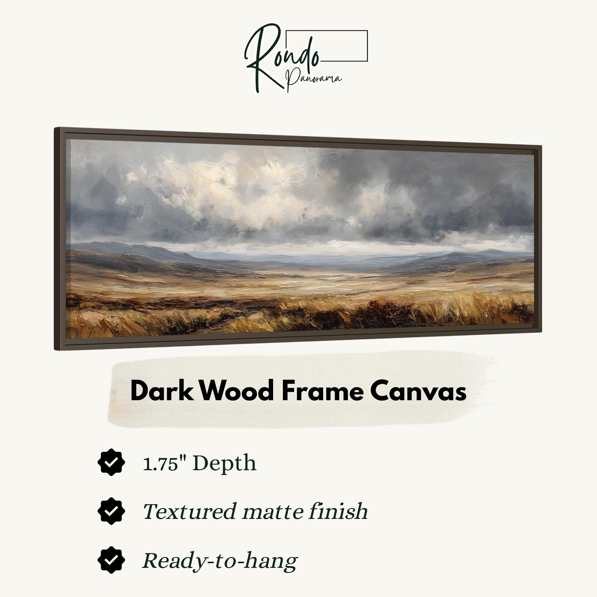 The image is a dark wood frame canvas depicting a landscape with a cloudy sky and a field of grass.