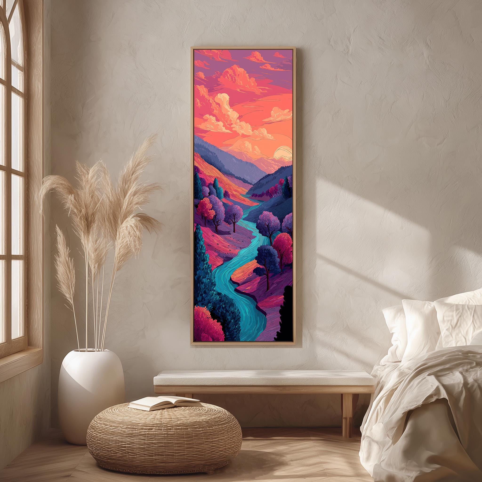 a large, colorful painting of a landscape hanging on a wall in a room with a bed, a wicker ottoman, and a potted plant.