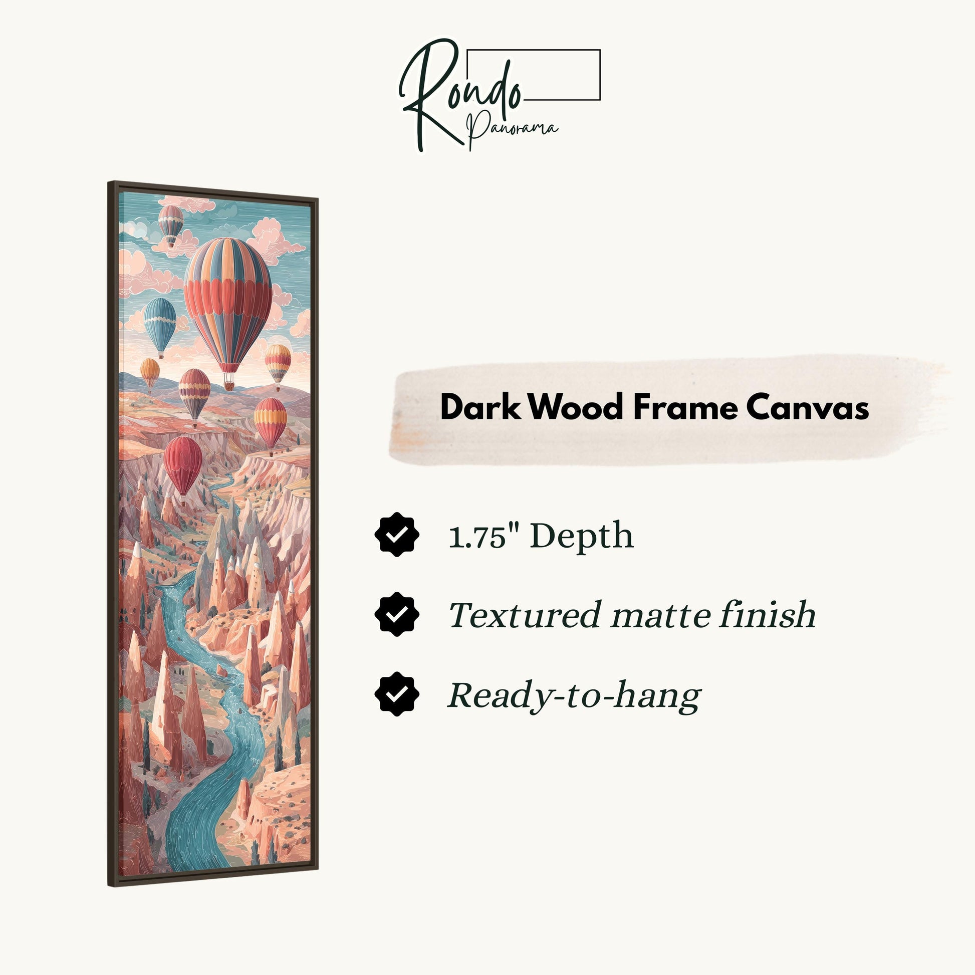 The image is a framed canvas depicting a scenic landscape with hot air balloons floating over a mountainous terrain.