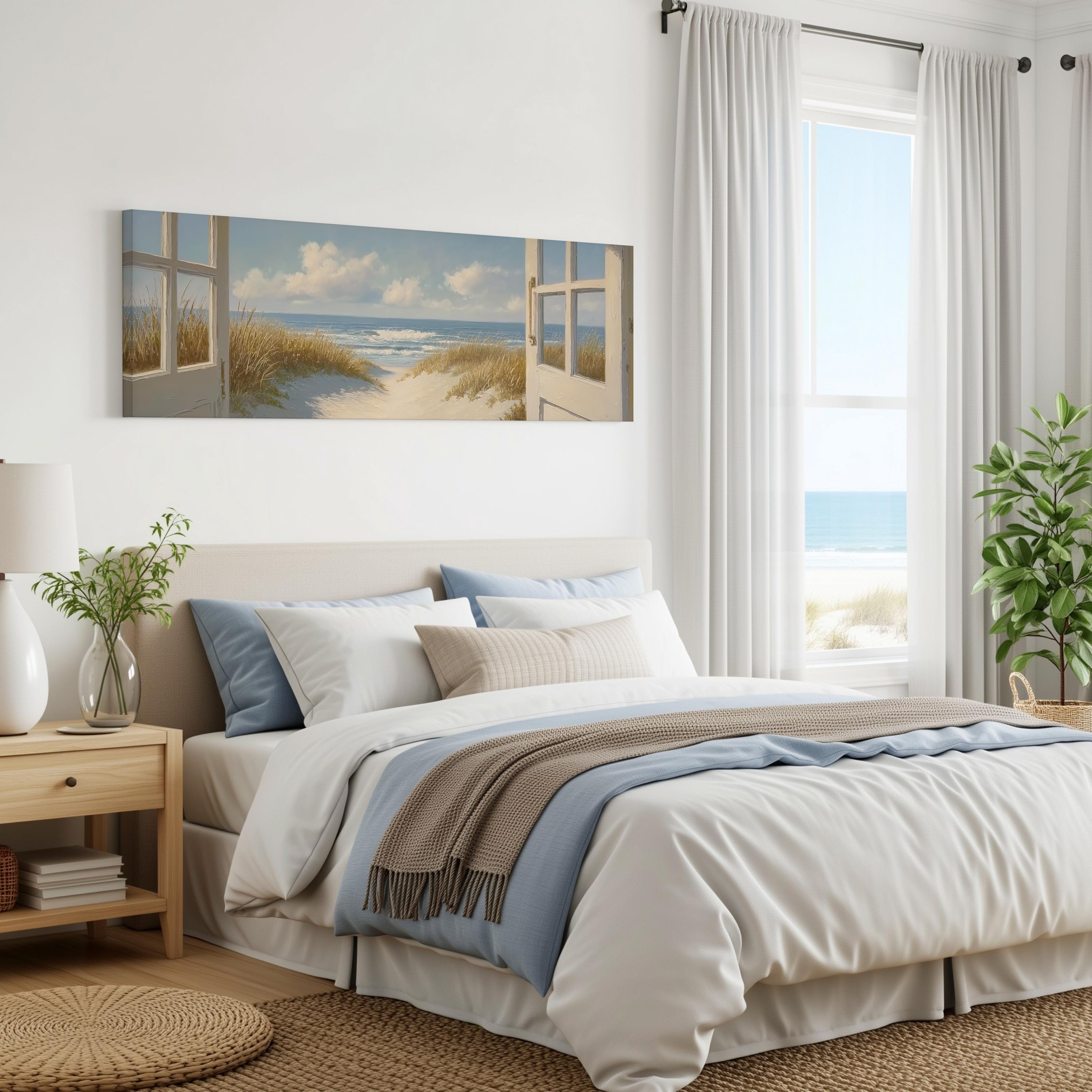 a serene bedroom with a large bed, a nightstand, and a painting of a beach scene on the wall. The room has white walls, a large window with white curtains, and a view of the ocean.