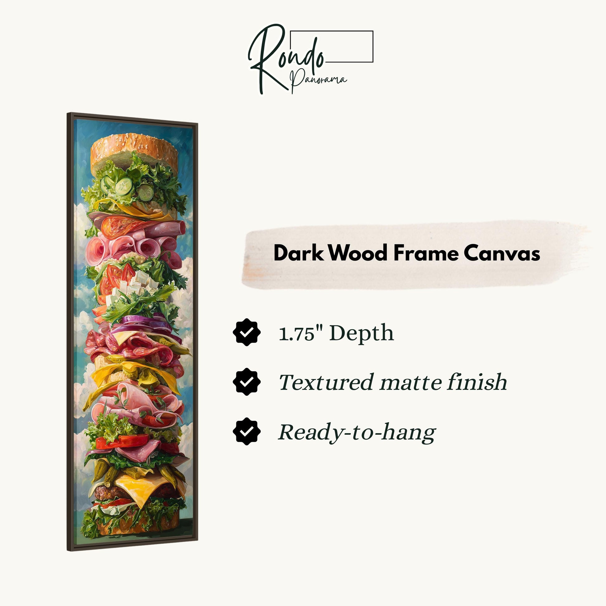 The image is a vertical canvas featuring a stack of various food items, including a sandwich, vegetables, and other ingredients, arranged in a visually appealing manner.