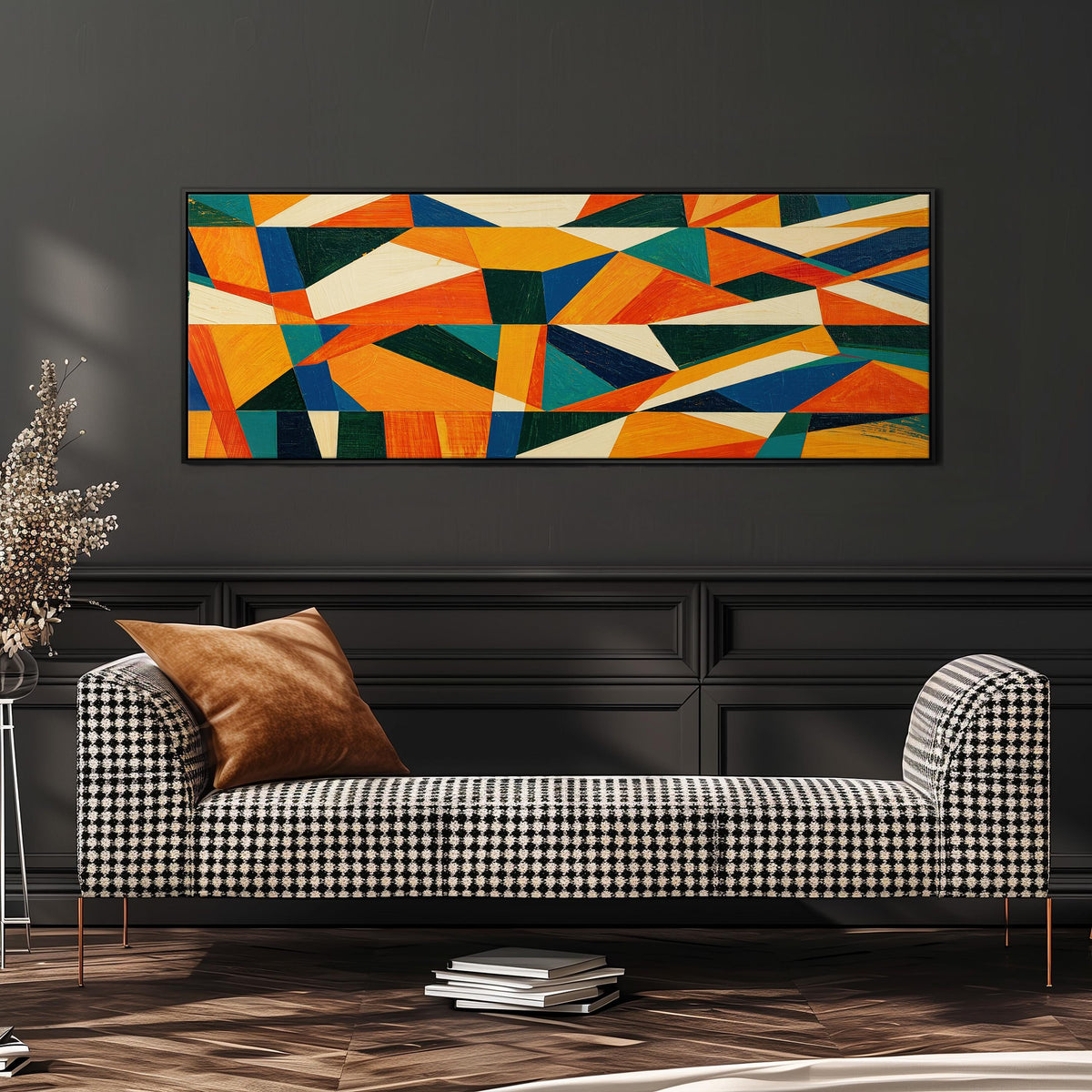 Orange and teal triangle mosaic wide panoramic canvas print above a bench in a dark living room