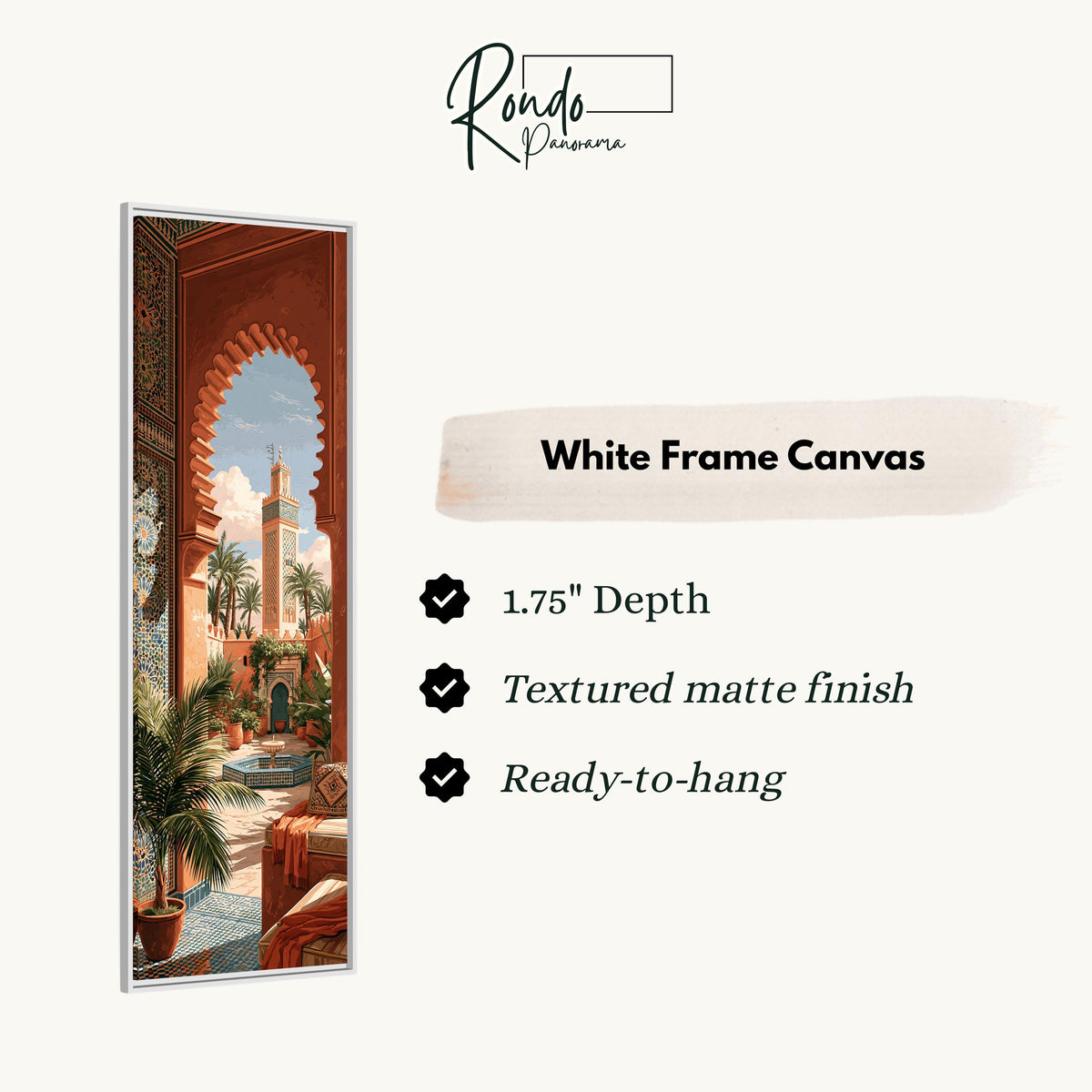 Moroccan courtyard and minaret through a terracotta arch canvas print in a white floating frame