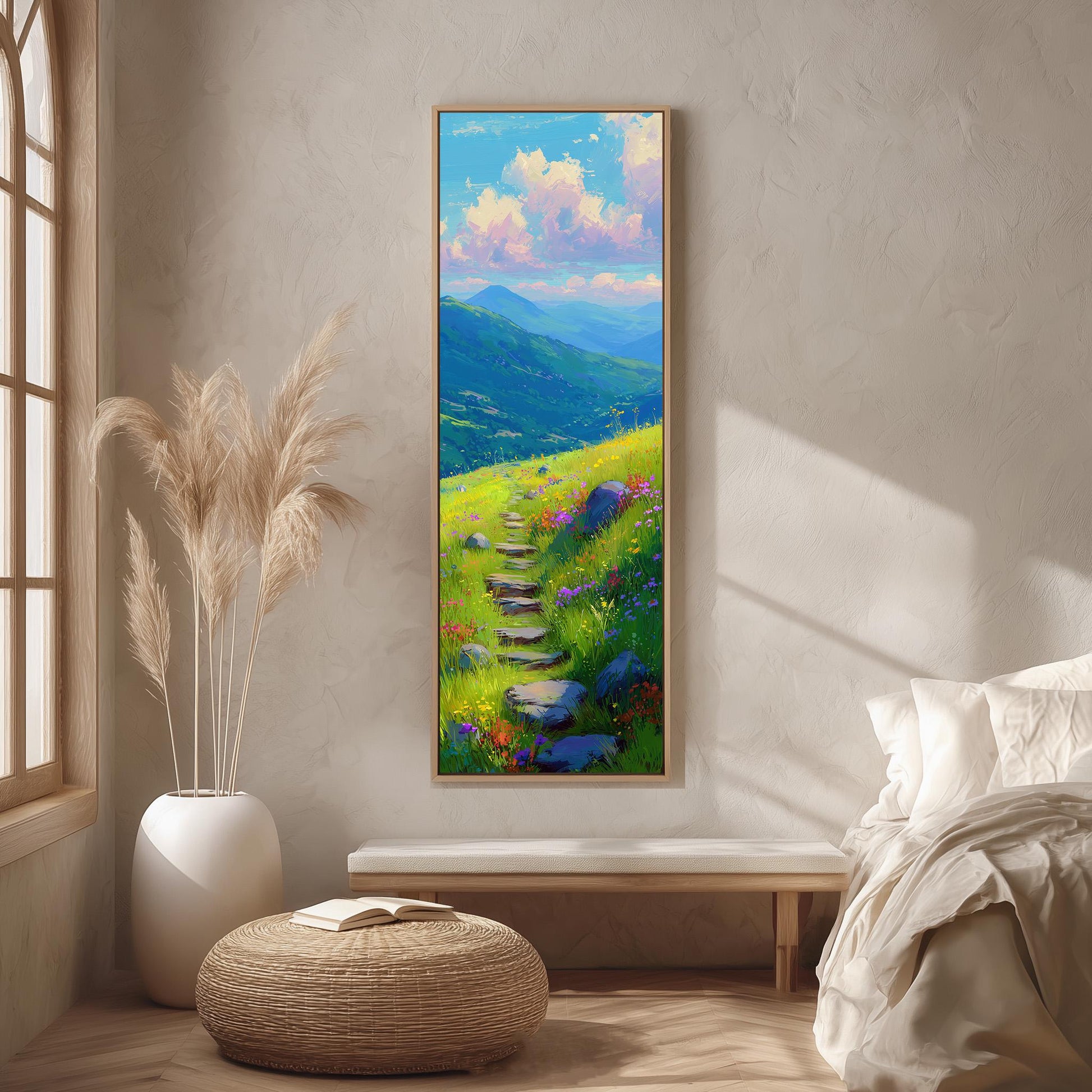 a serene bedroom scene with a large painting of a winding path leading through a lush green landscape with mountains in the background. The painting is hung on the wall above a wooden bench, and the room has a cozy and inviting atmosphere with a large window, a white vase with potted plants, and a woven ottoman.