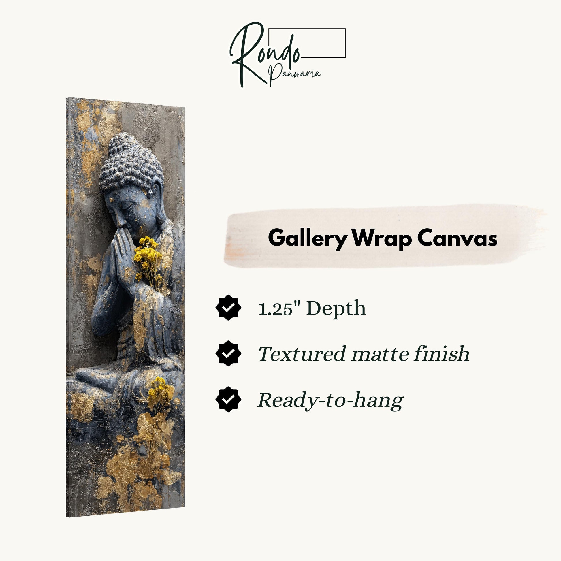 The image is a gallery wrap canvas featuring a Buddha statue with a flower in its lapel.