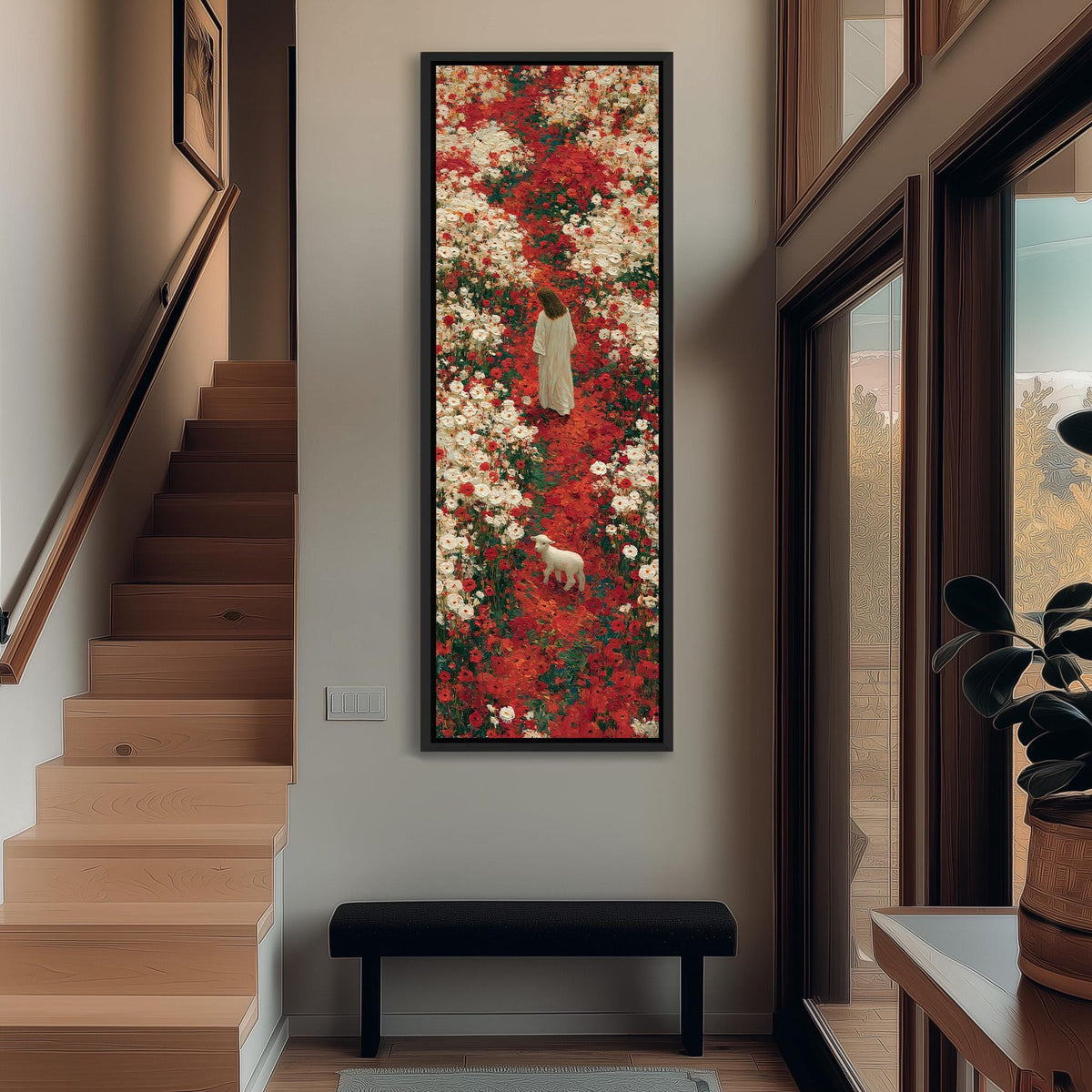 Jesus with a lamb in a red flower field tall narrow canvas print beside a staircase in an entryway