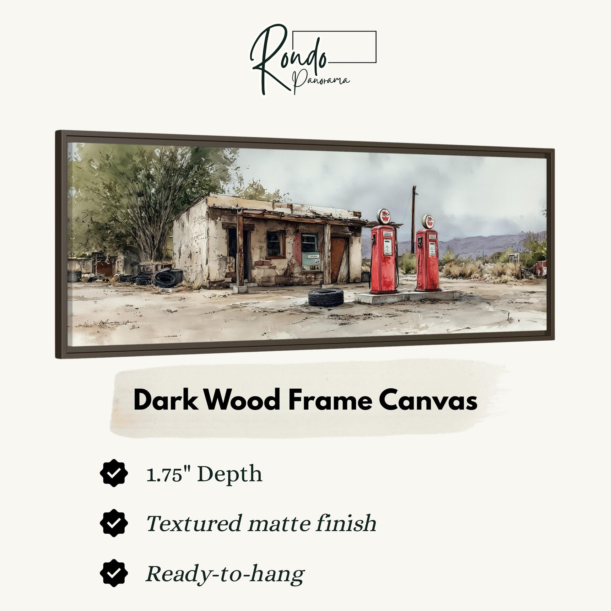 The image is a dark wood frame canvas depicting an old, dilapidated gas station with two red pumps.