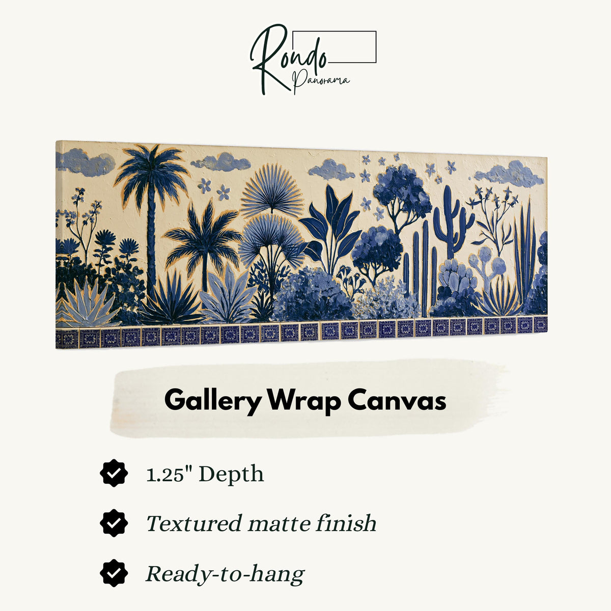 Blue palms, cacti and flowers pattern gallery wrap canvas with the image wrapped around the edges
