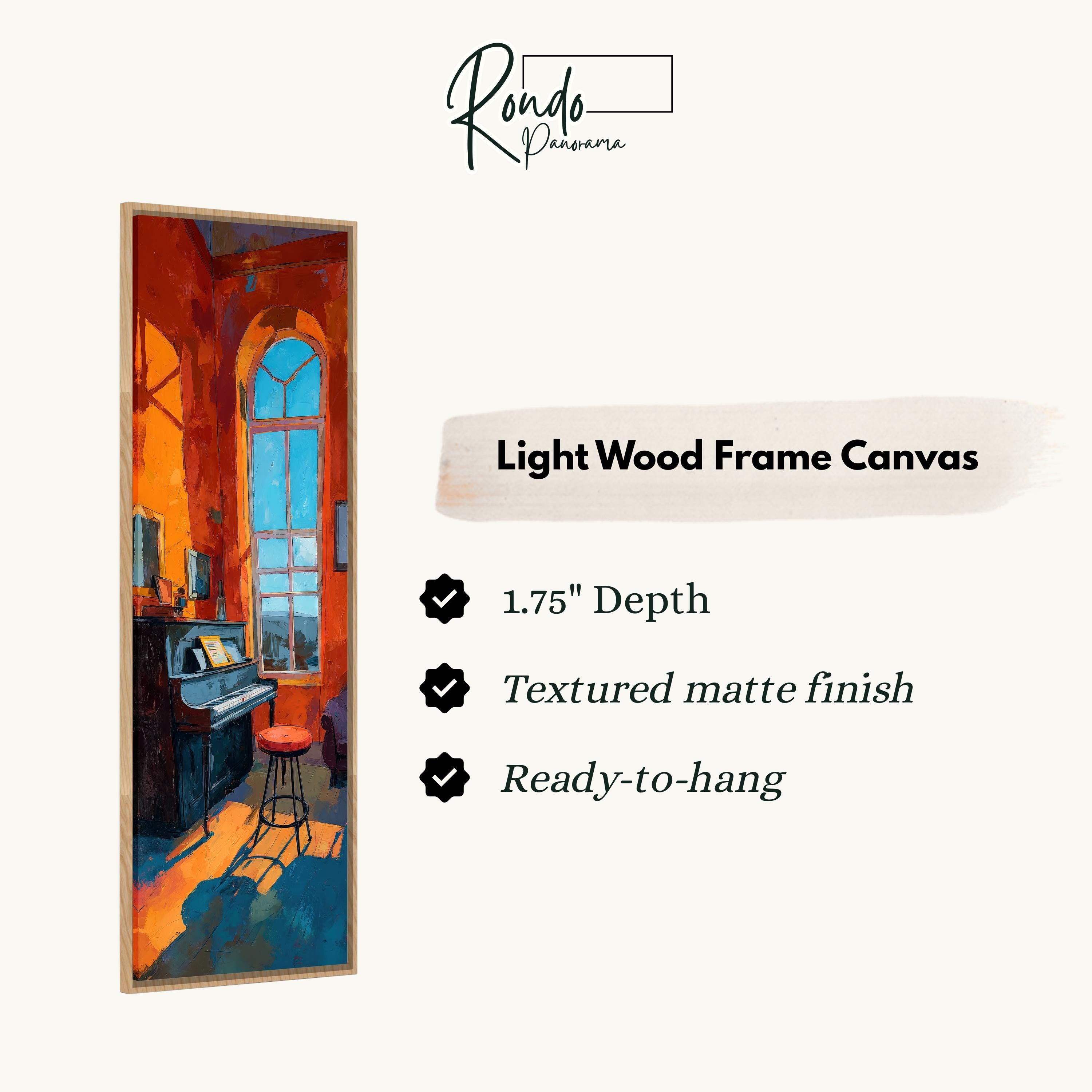 The image is a painting of a room with a piano, featuring a light wood frame canvas.