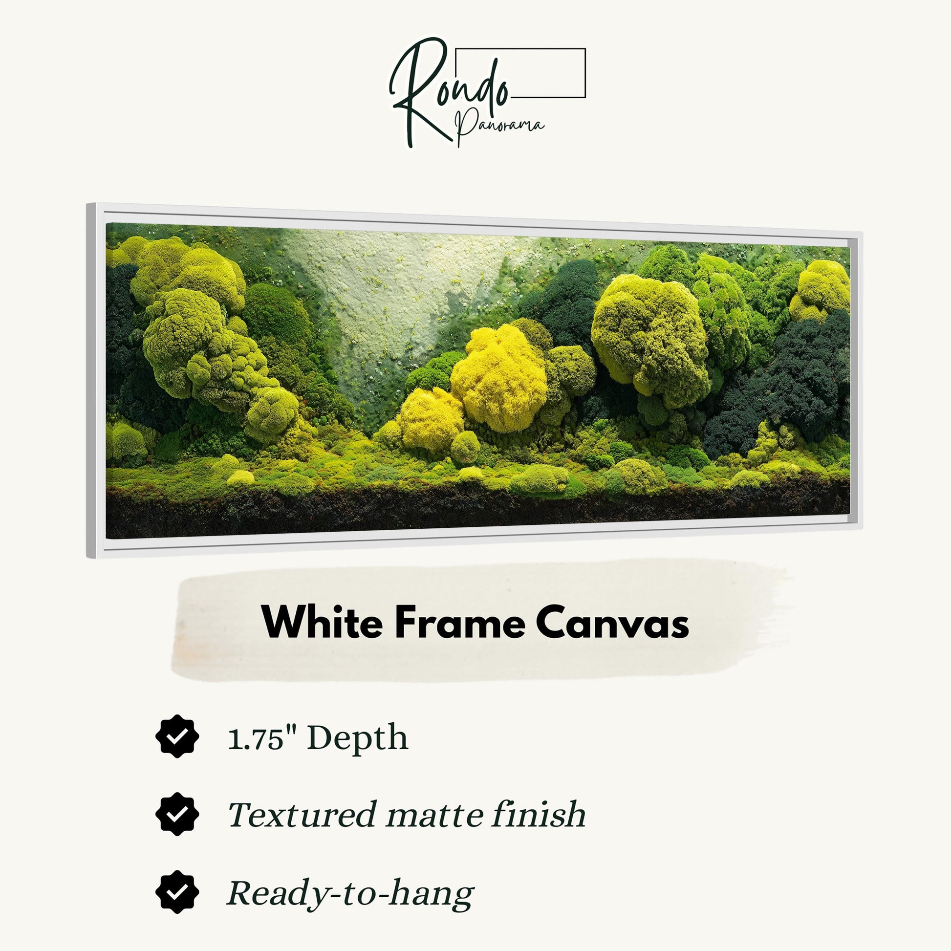 The image is a white frame canvas featuring a lush, green landscape with various types of vegetation, including ferns and moss.