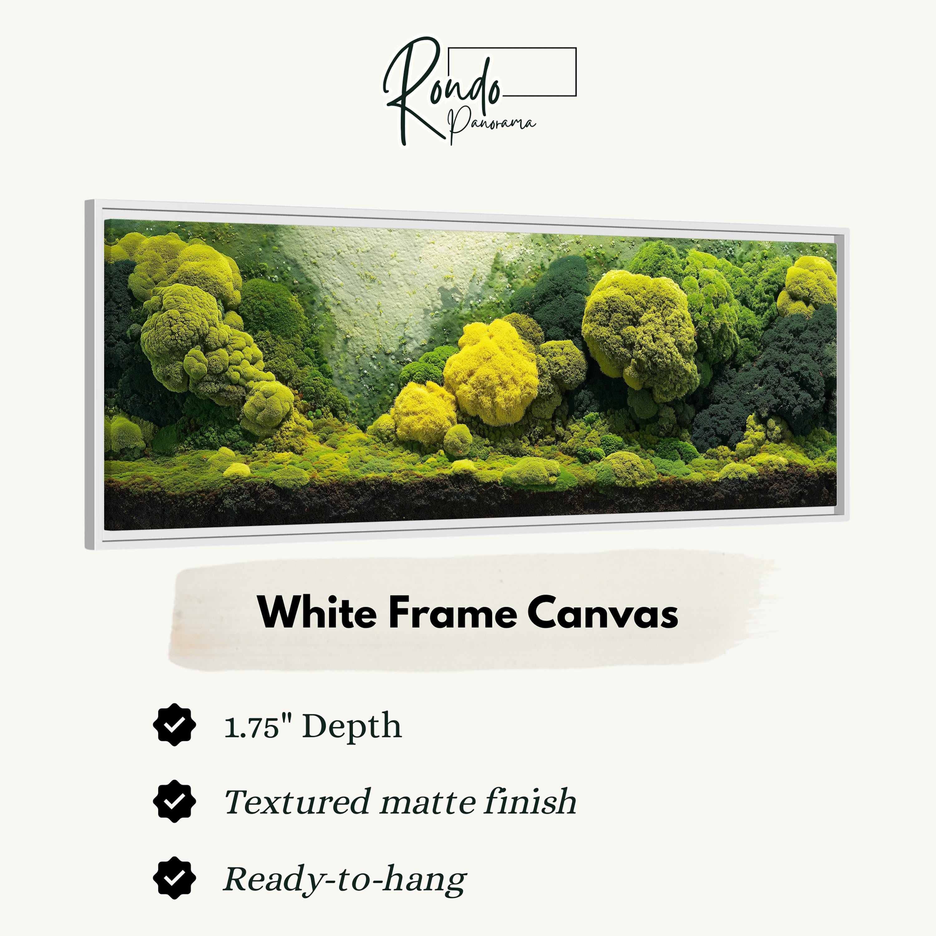 The image is a white frame canvas featuring a lush, green landscape with various types of vegetation, including ferns and moss.
