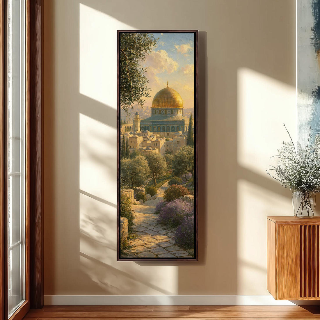 Garden path leading to the golden Dome of the Rock long vertical canvas print in a sunlit living space