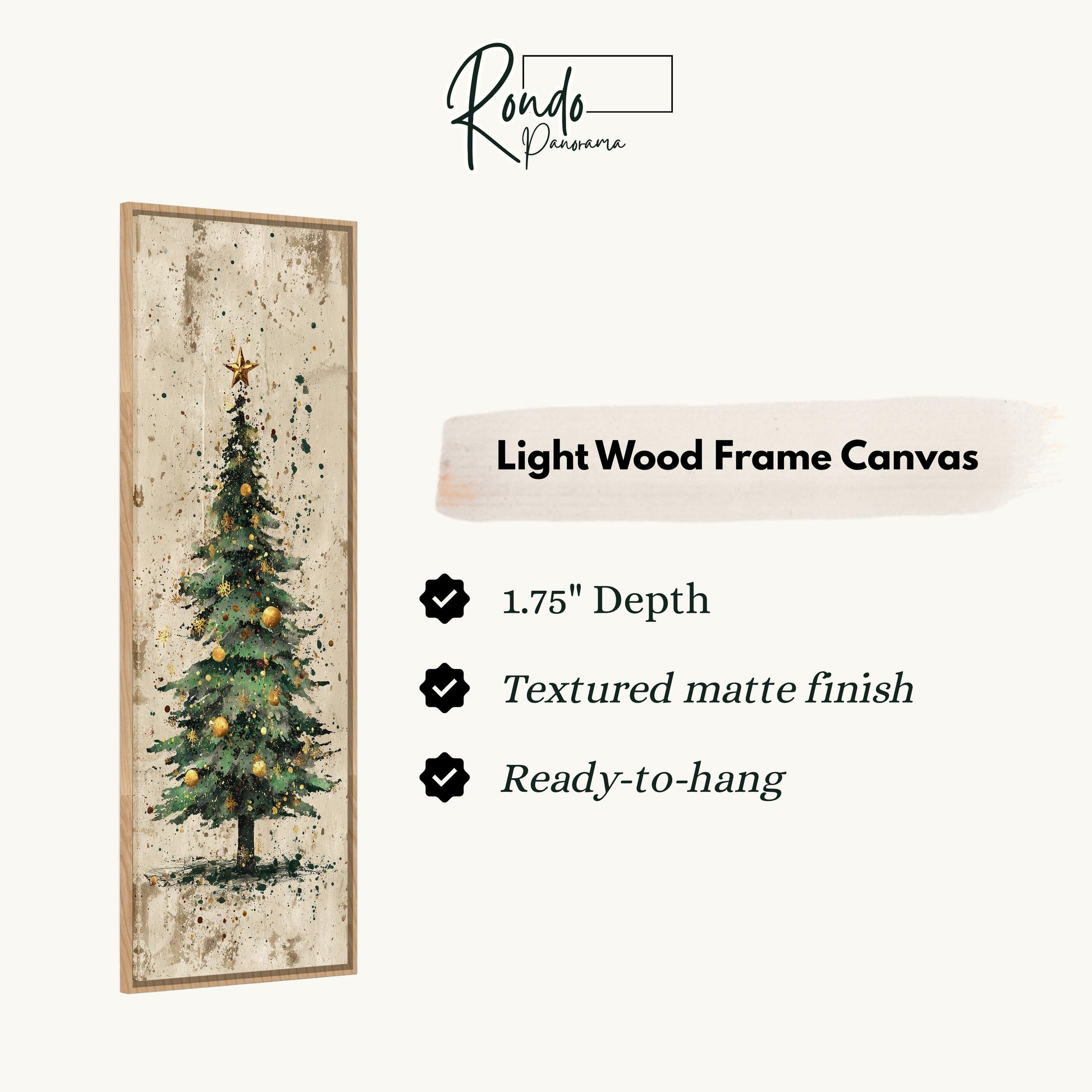 The image is a light wood frame canvas depicting a Christmas tree with a star on top.