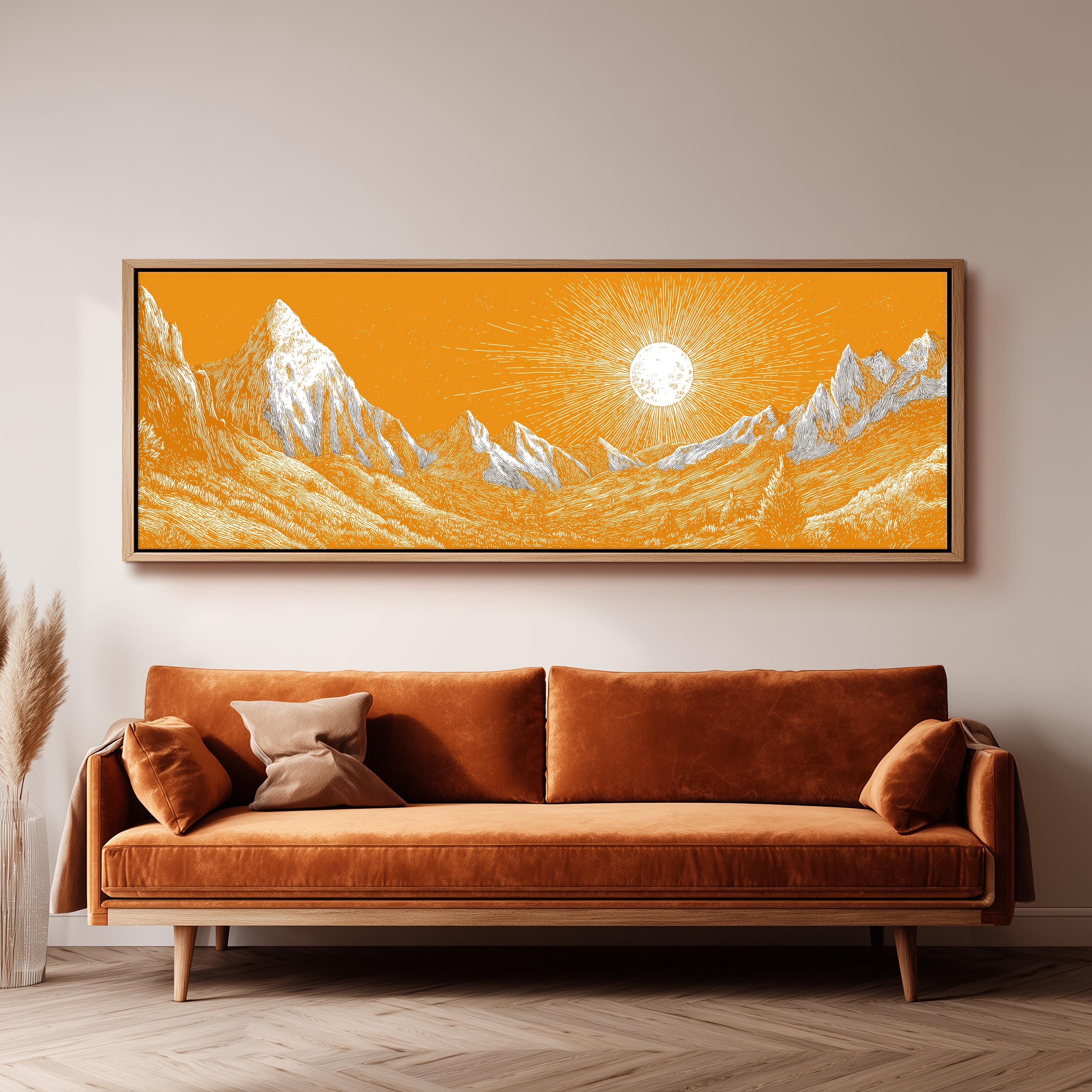 a large, vibrant orange landscape with a sun in the sky, set against a mountainous backdrop.