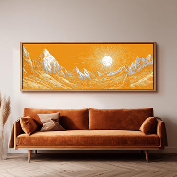 a large, vibrant orange landscape with a sun in the sky, set against a mountainous backdrop.
