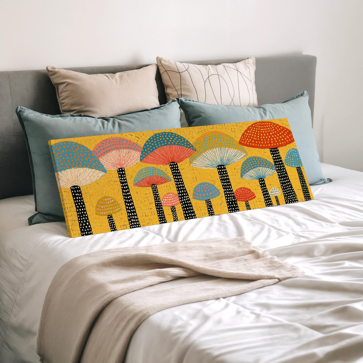 Golden mushroom parade wide panoramic canvas print laid on a bed to show its size