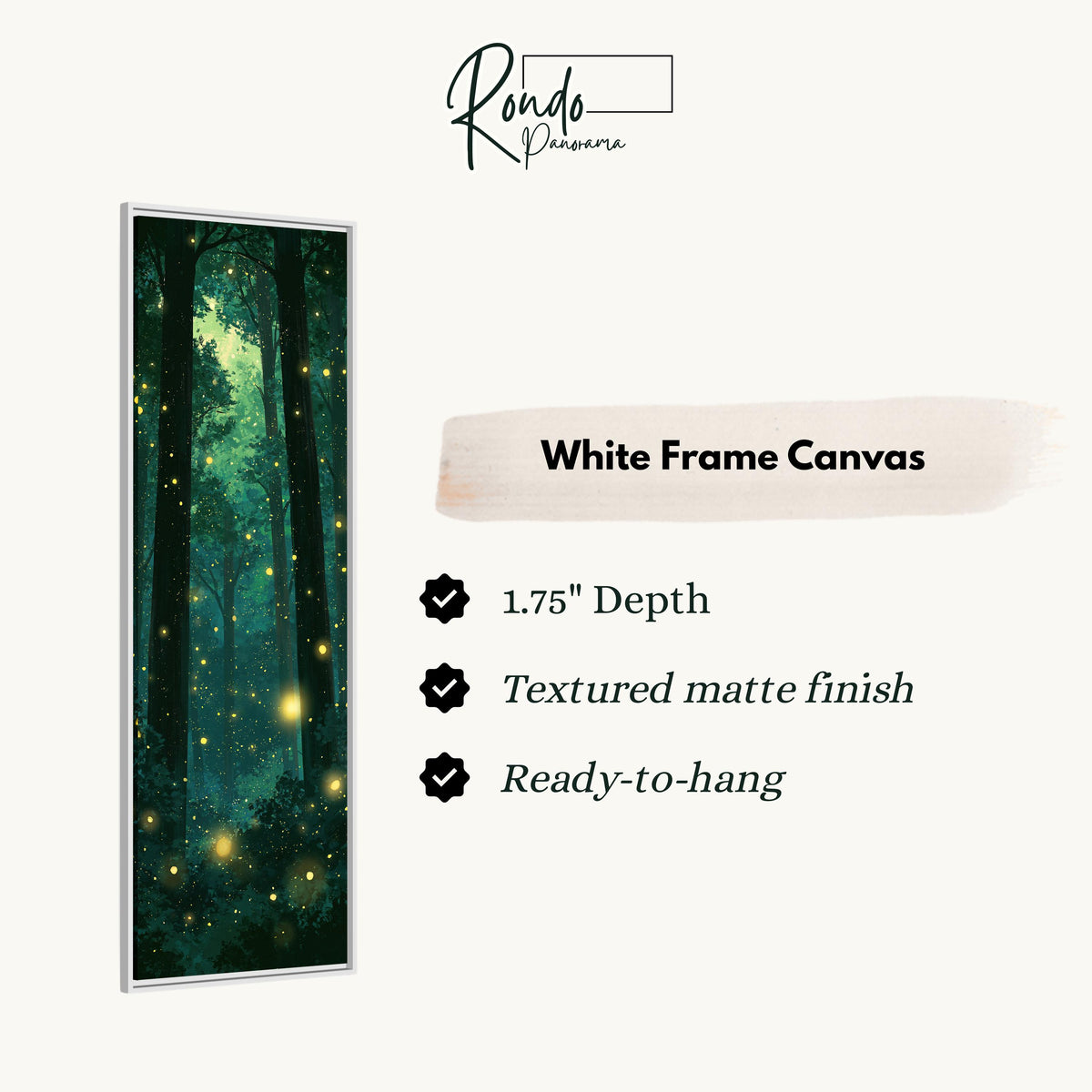 Fireflies glowing in a dark teal forest canvas print in a white floating frame