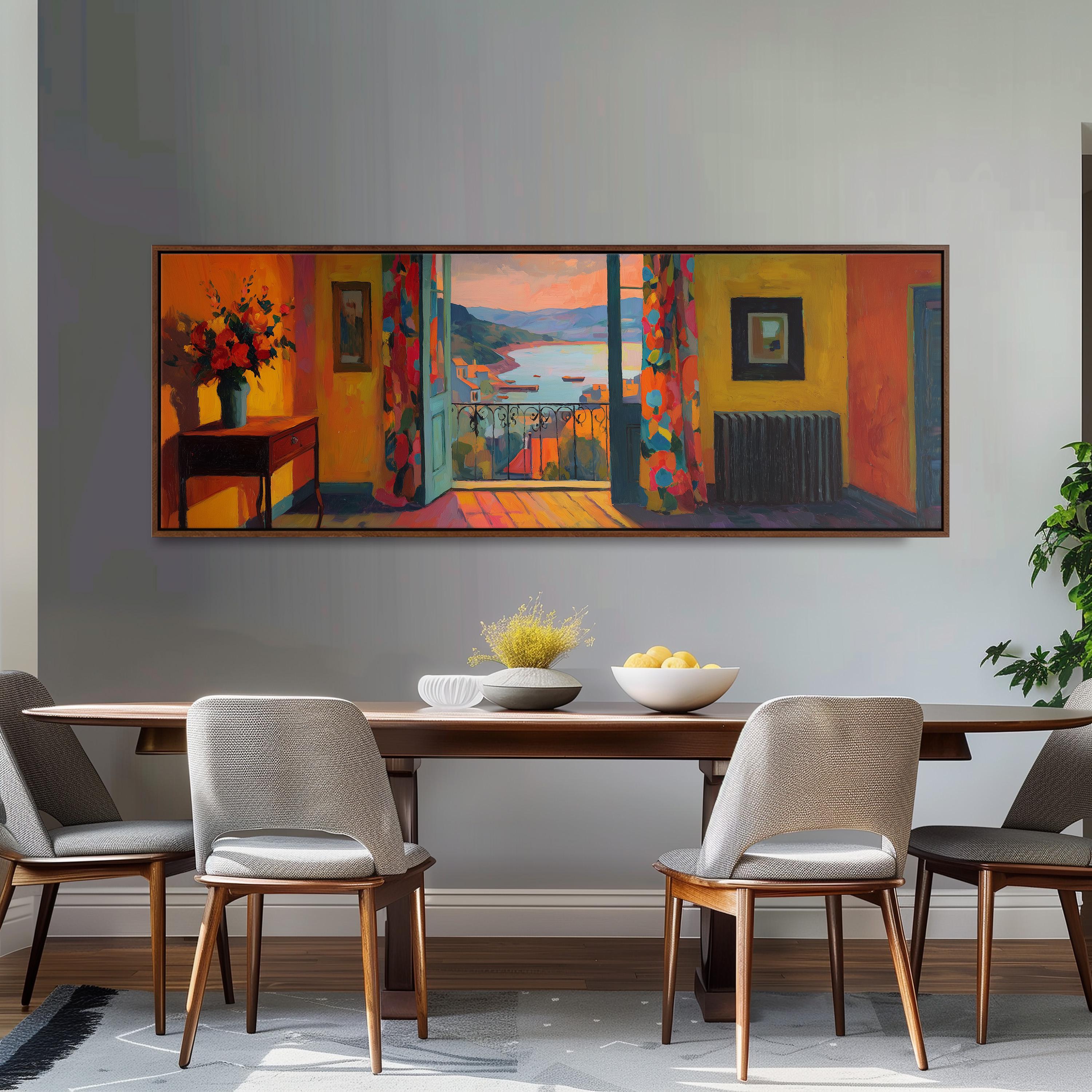 a dining room with a large, colorful painting hanging on the wall above a wooden table with four chairs. The painting depicts a vibrant outdoor scene with a balcony, flowers, and a vase.