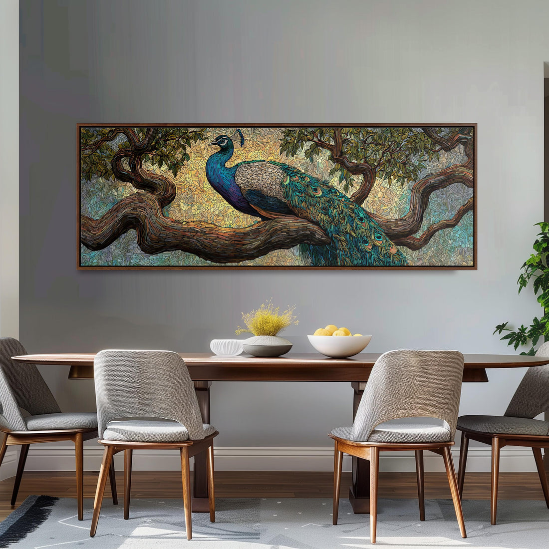 a large painting of a peacock perched on a tree branch, which is displayed on the wall above a black and white checkered sofa.