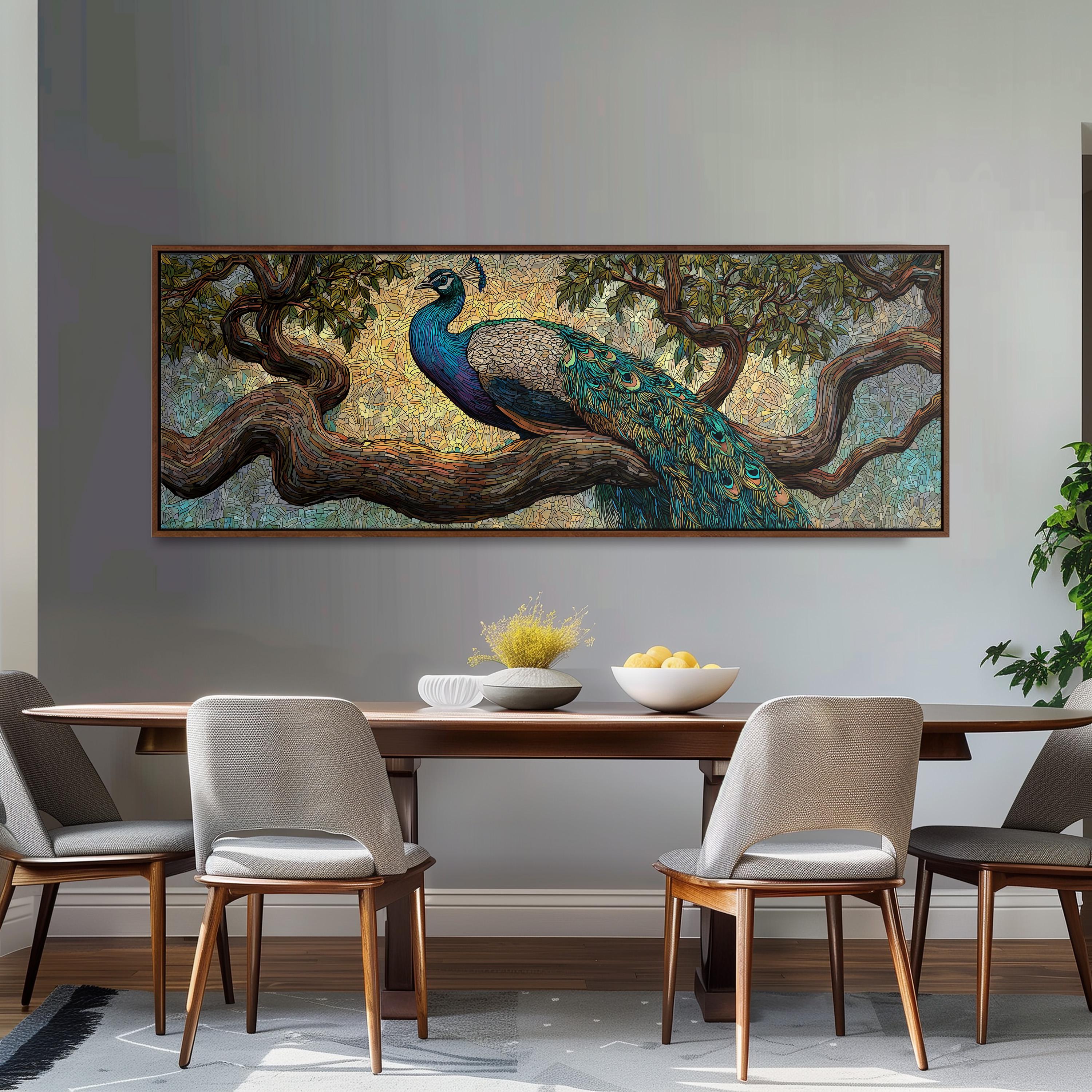 a large painting of a peacock perched on a tree branch, which is displayed on the wall above a wooden dining table with four chairs.
