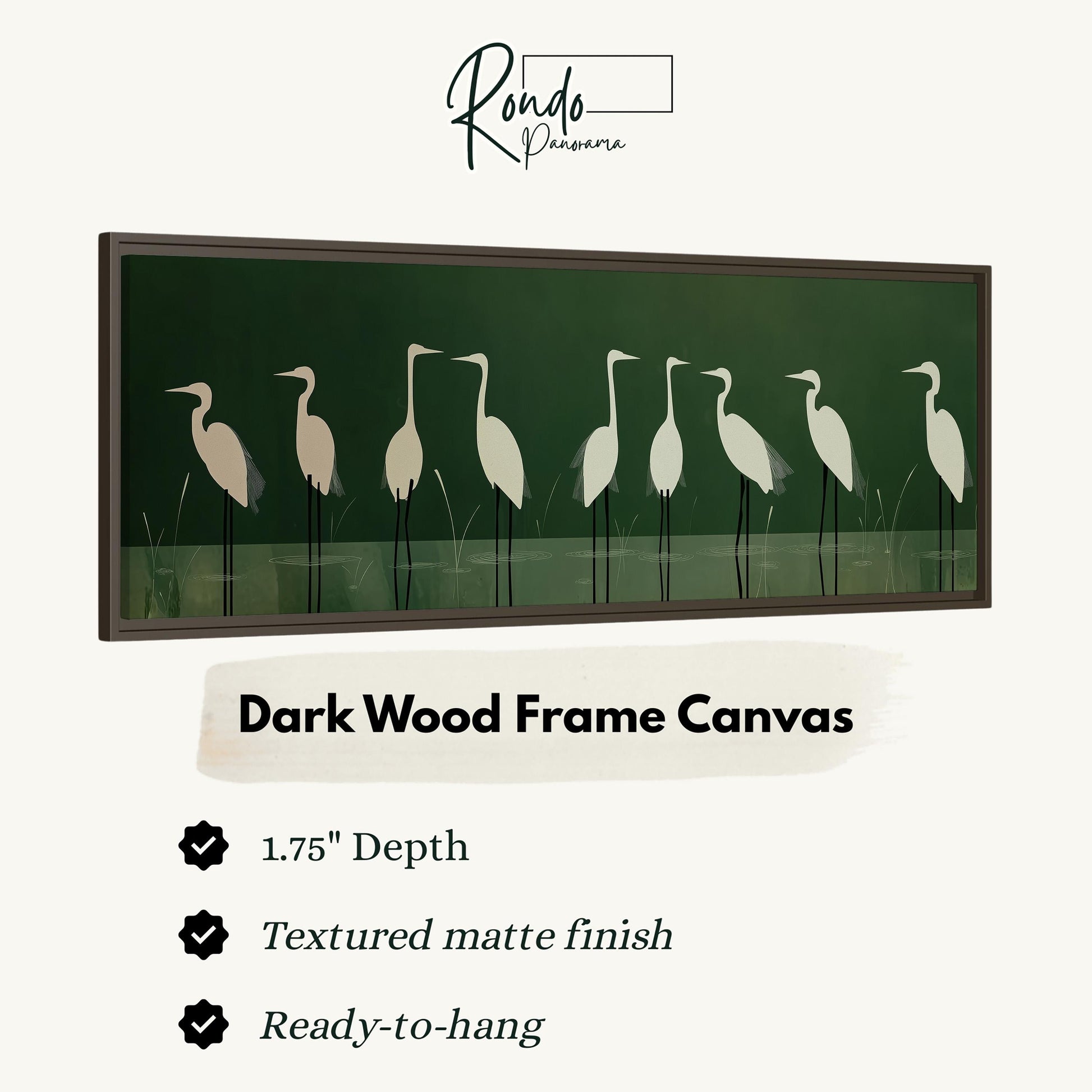 a dark wood frame canvas with a line of white birds standing in the grass.