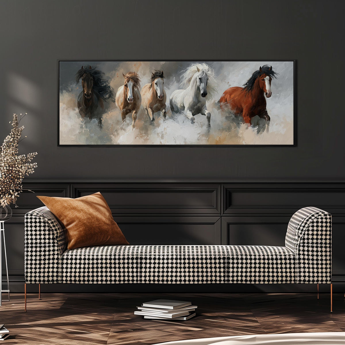 Five horses running through smoke wide panoramic canvas print above a bench in a dark living room