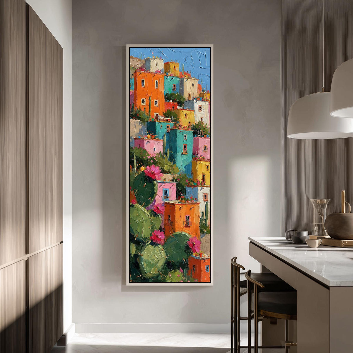 Colorful hillside houses with cacti tall skinny canvas print in a modern kitchen