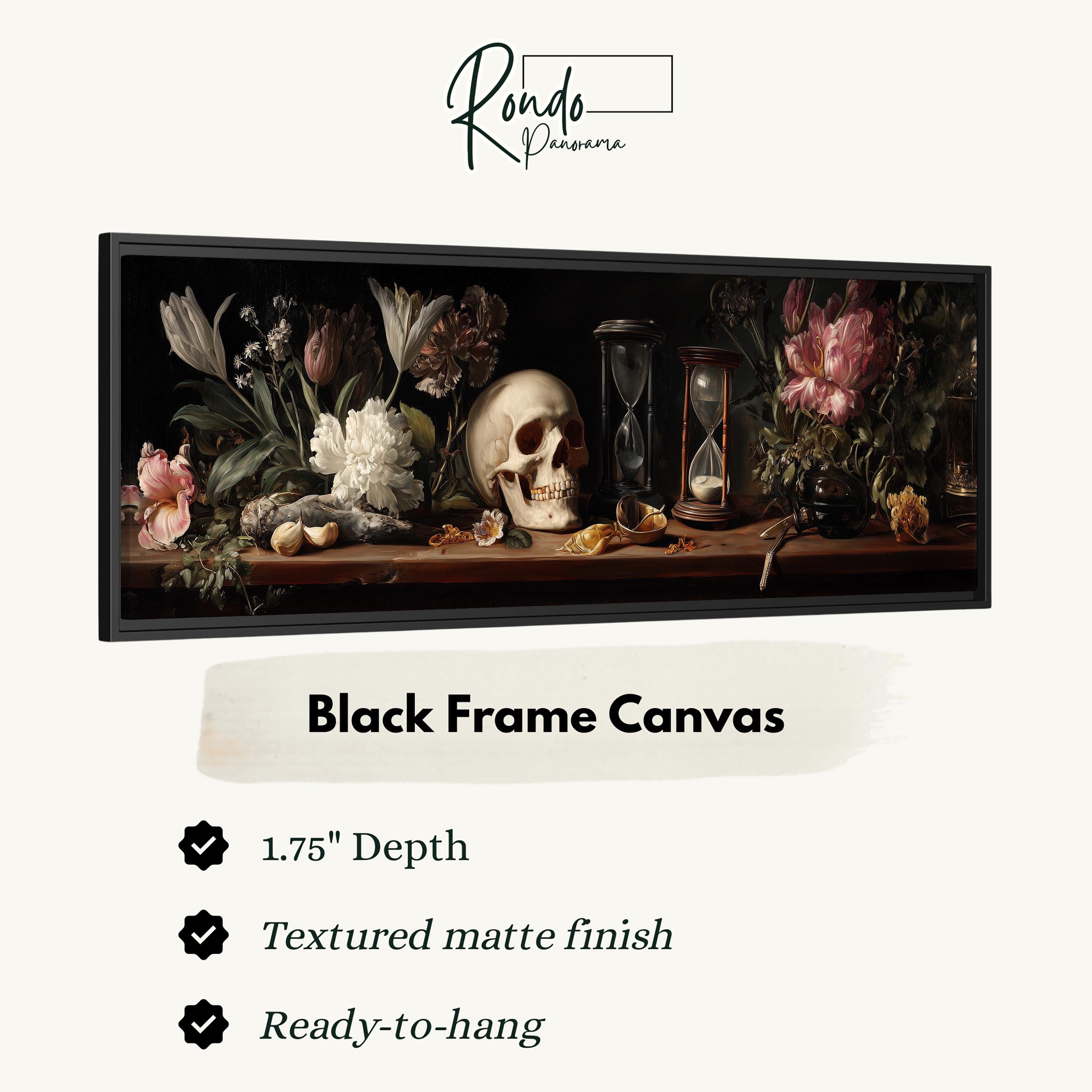 The image is a black frame canvas depicting a still life arrangement with a skull, flowers, and other objects on a shelf.